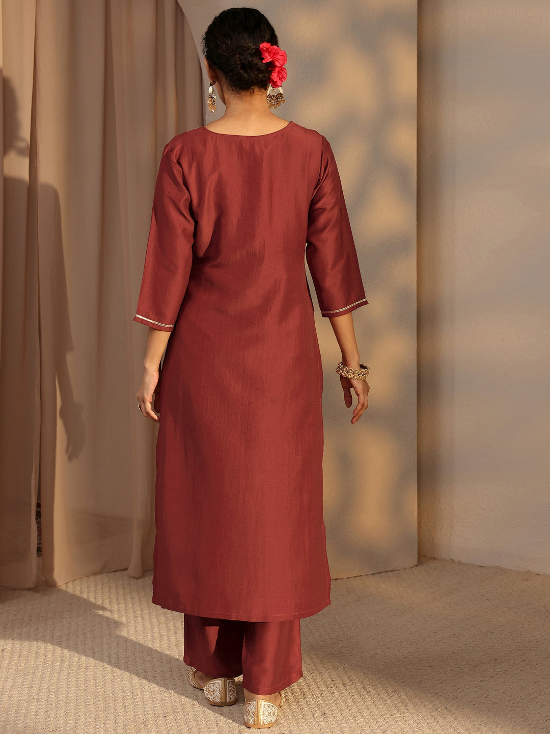  Rust Embellished Silk Blend Straight Kurta Set 