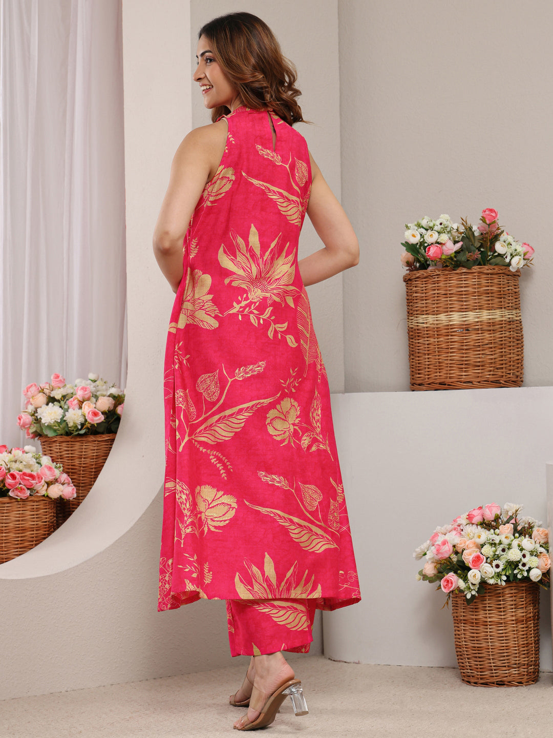  Red Floral Printed Silk Blend A-Line Kurta Set 