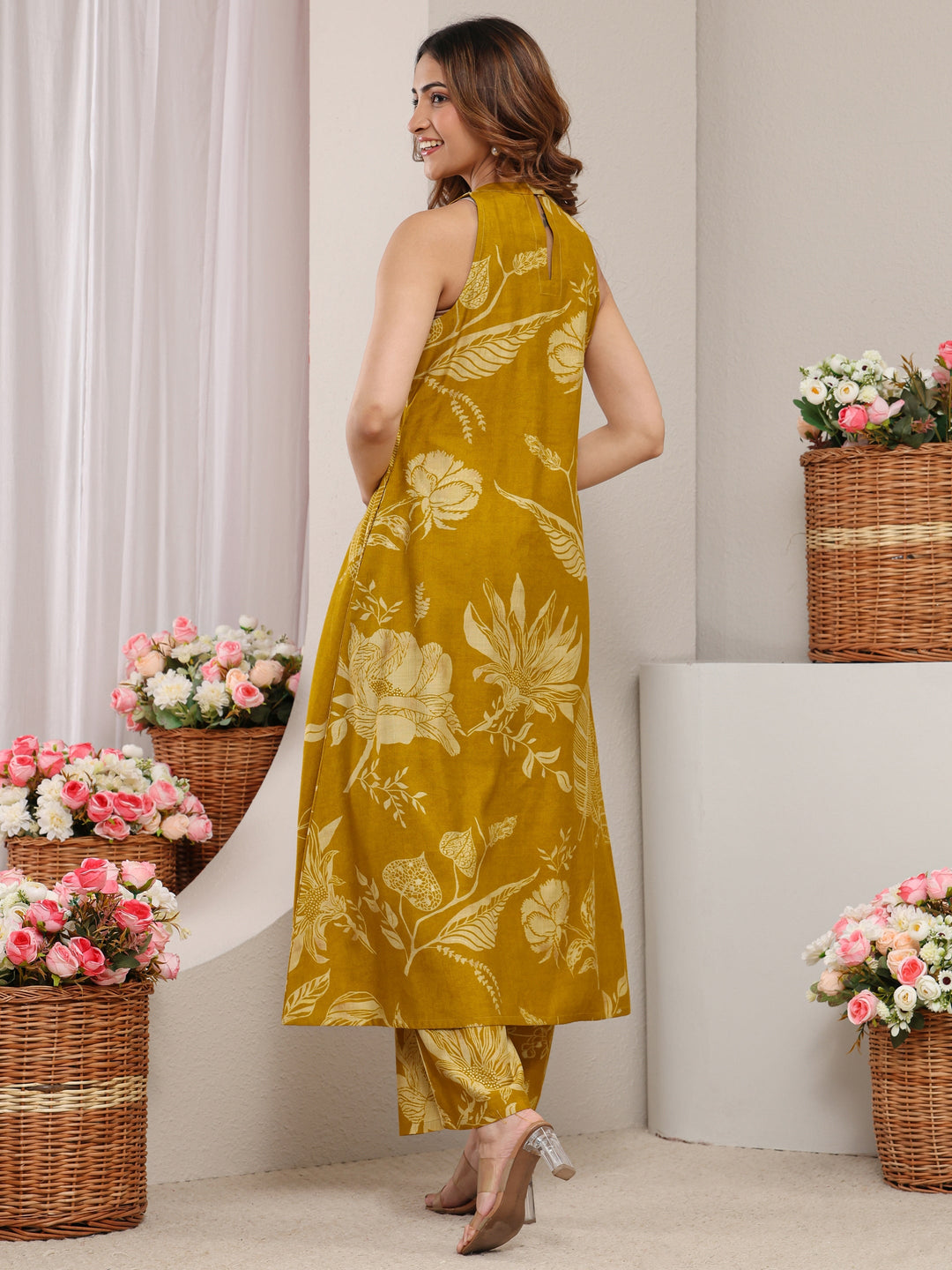  Mustard Floral Printed Silk Blend A-Line Kurta Set 