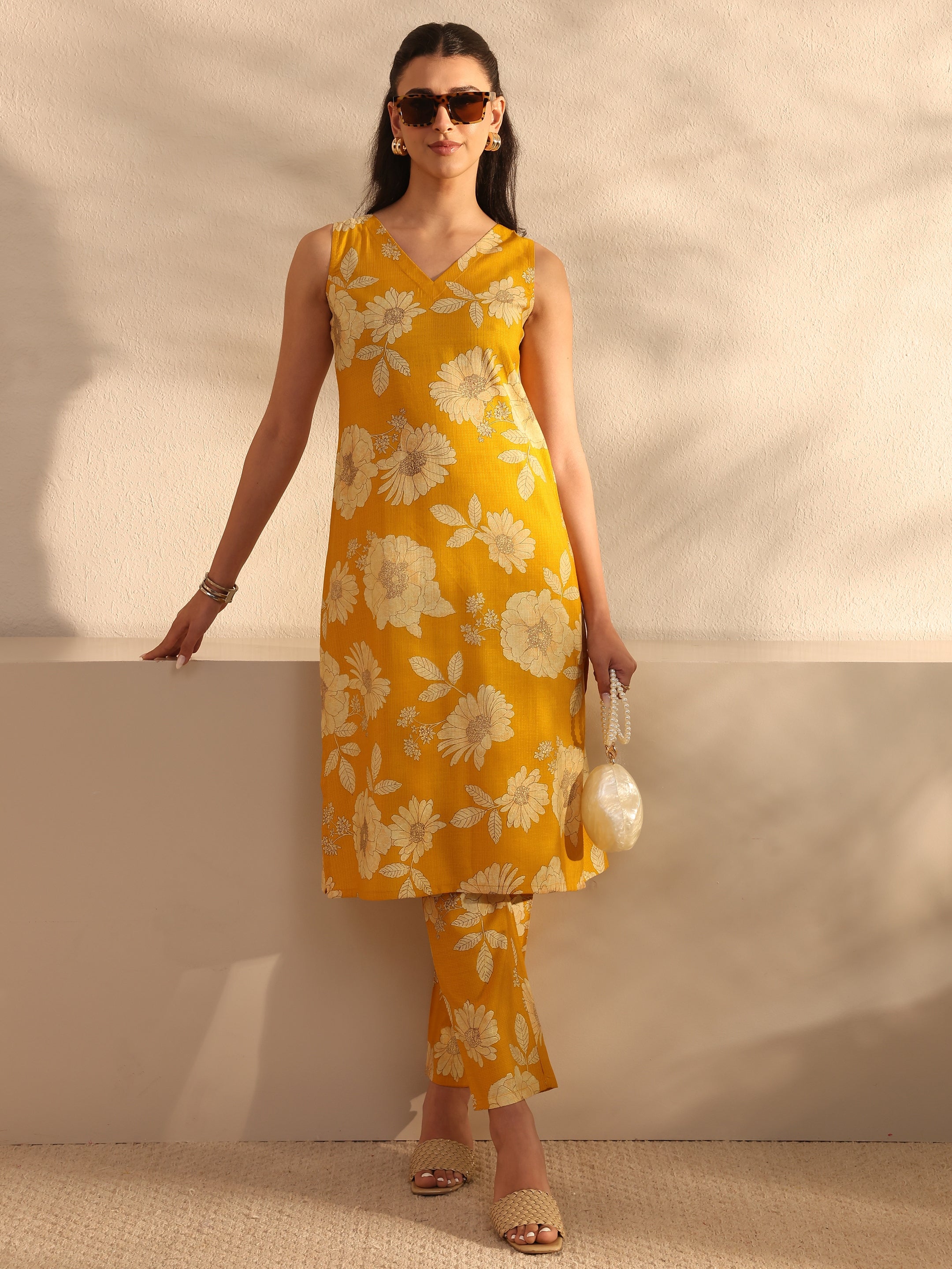 libas Mustard Floral Printed Silk Blend Straight Kurta Set-picture-30