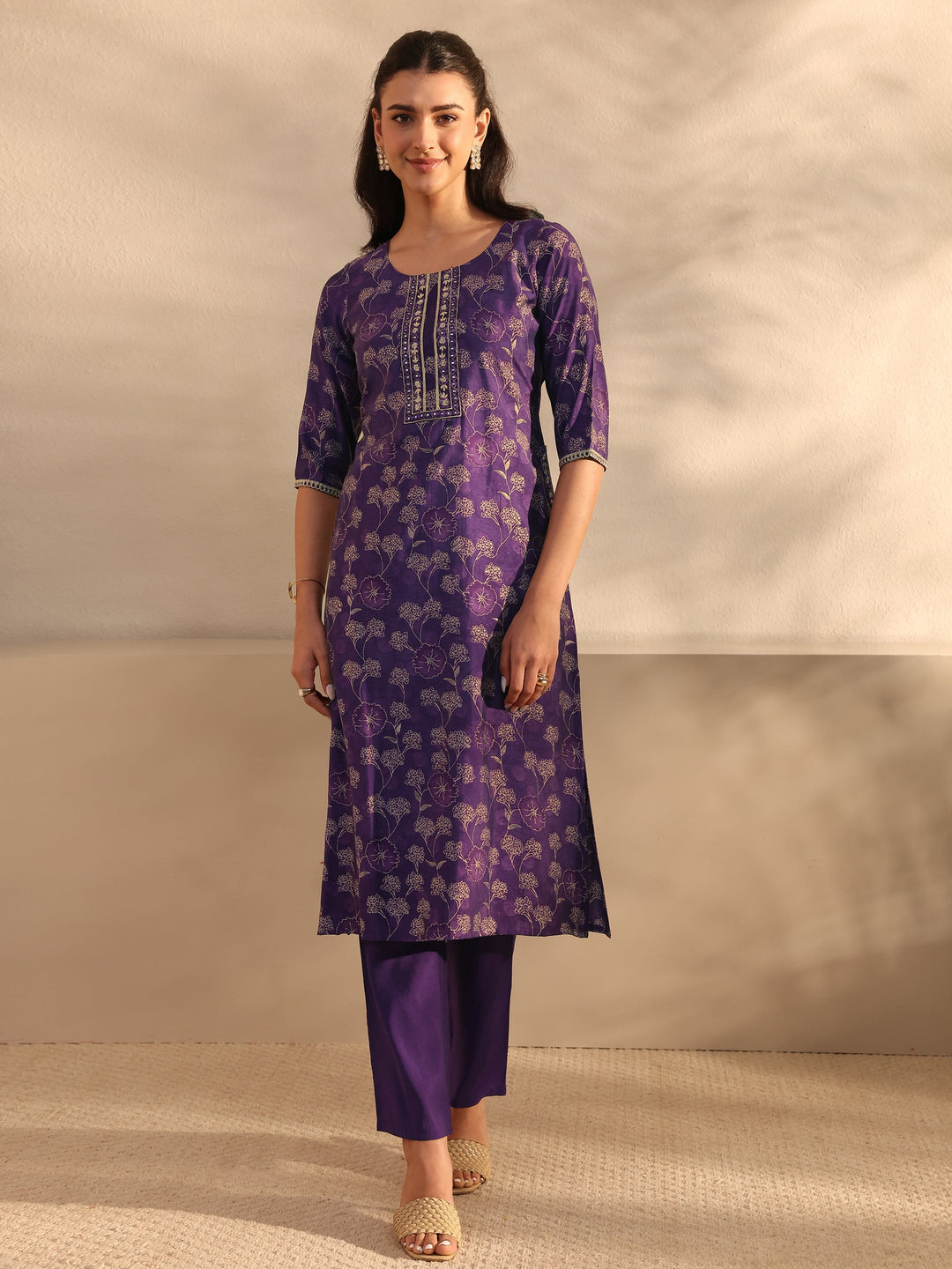  Purple Floral Printed Silk Blend Straight Kurta Set 