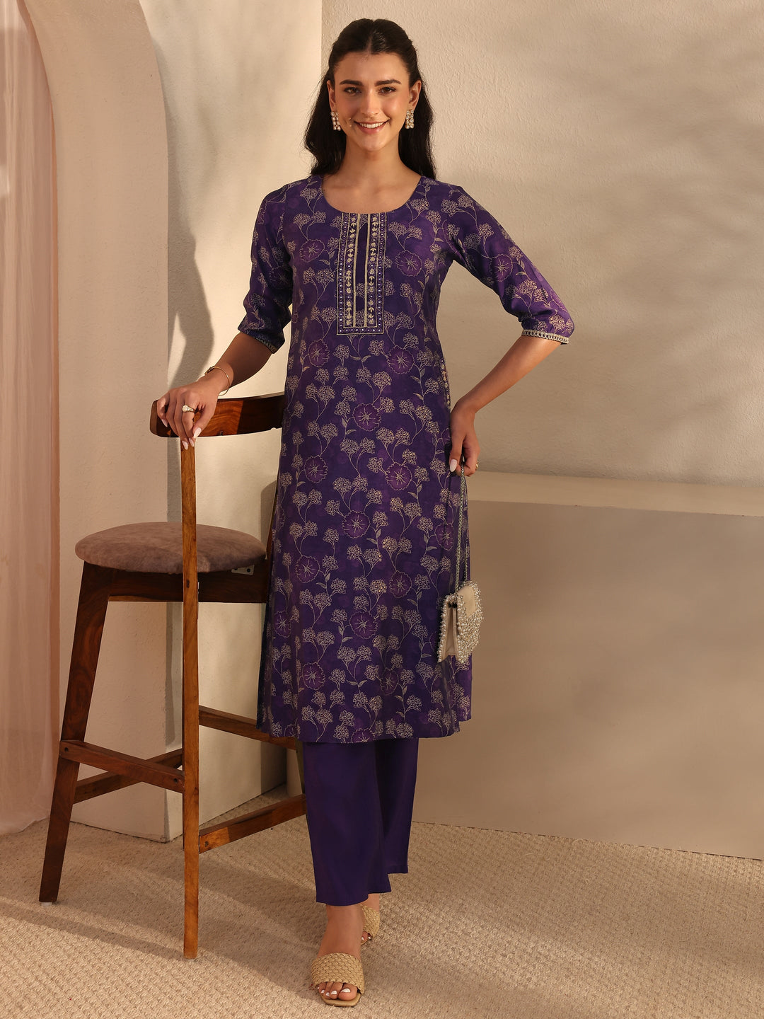  Purple Floral Printed Silk Blend Straight Kurta Set 