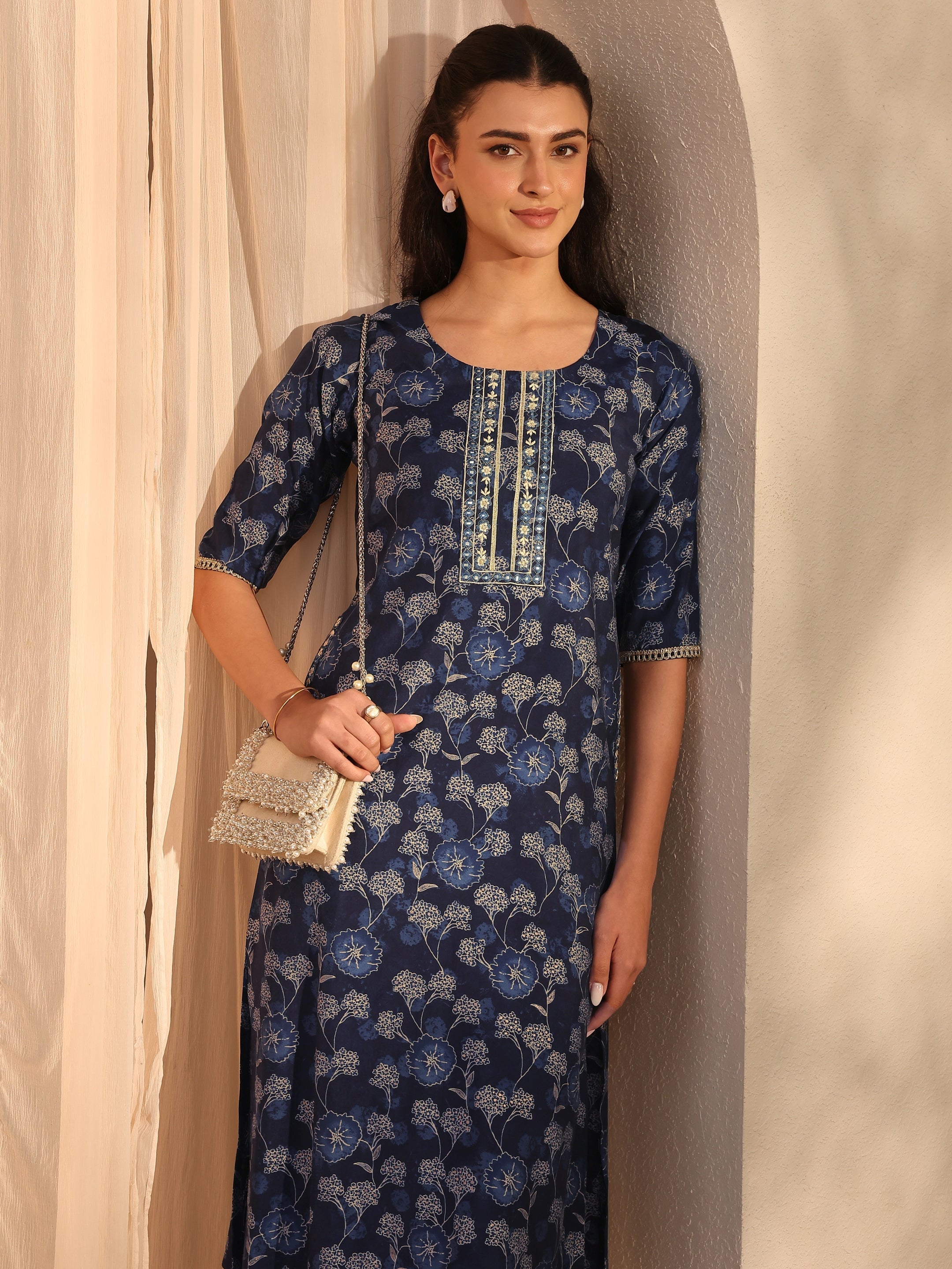 libas Navy Blue Floral Printed Silk Blend Straight Kurta Set-picture-32