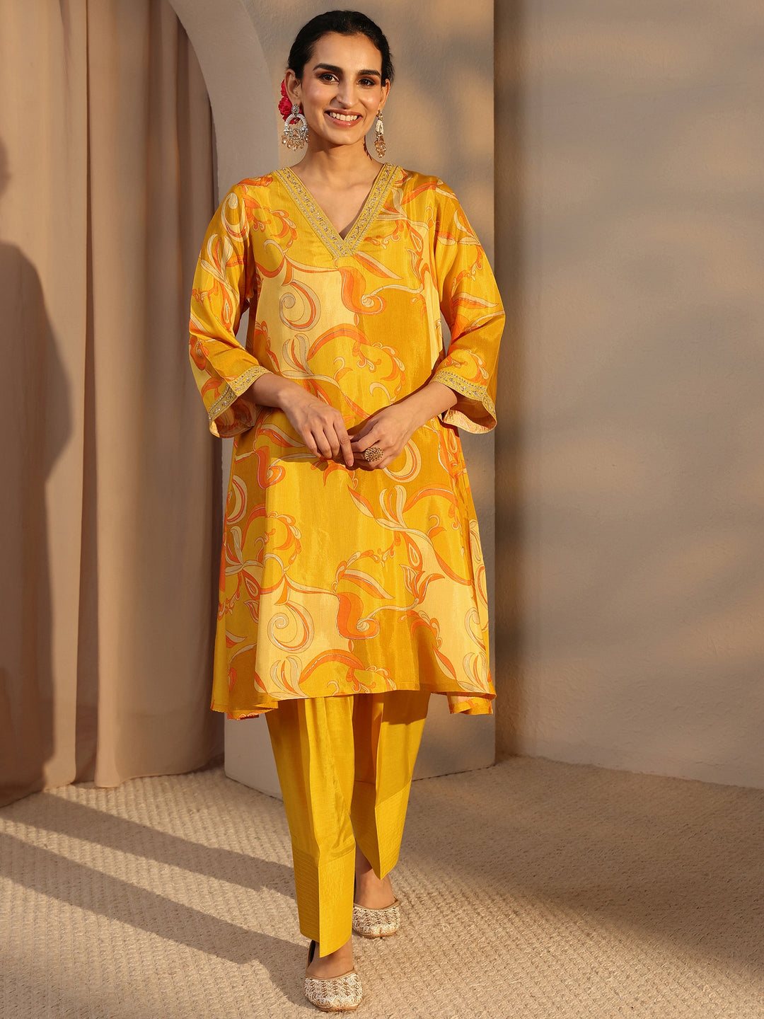  Mustard Floral Printed Muslin Co-Ord Set 