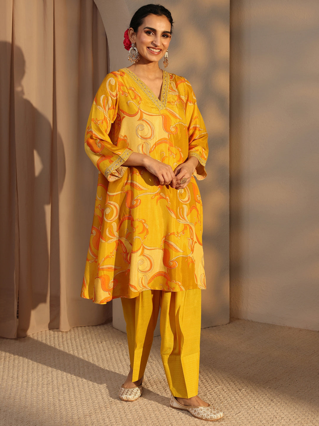  Mustard Floral Printed Muslin Co-Ord Set 