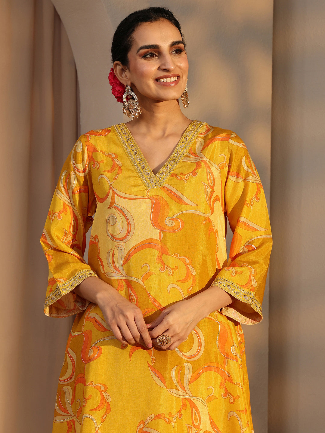  Mustard Floral Printed Muslin Co-Ord Set 