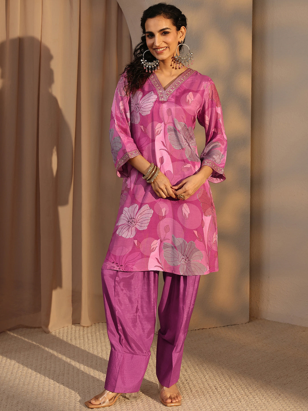  Pink Floral Printed Muslin Co-Ord Set 