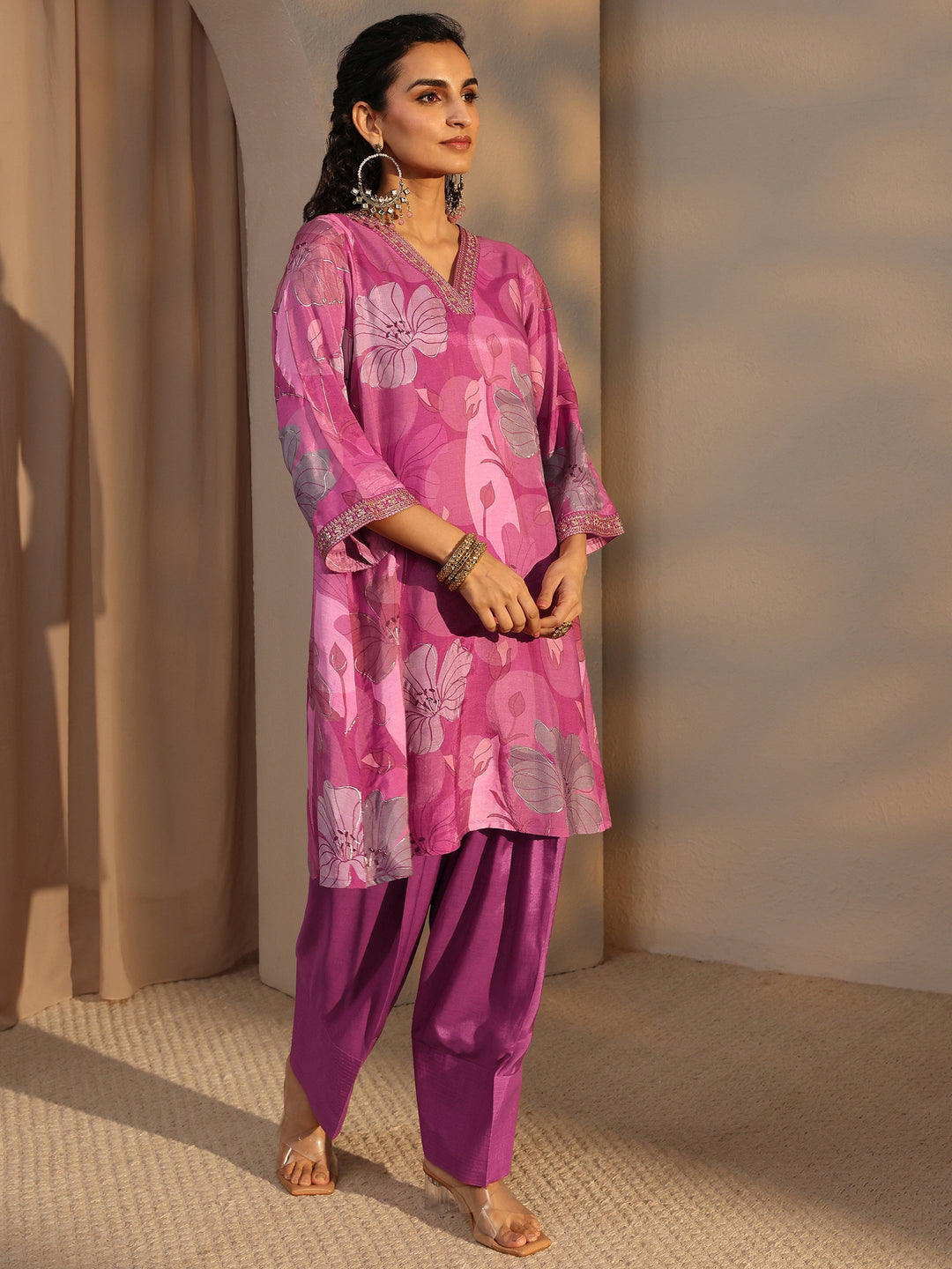  Pink Floral Printed Muslin Co-Ord Set 