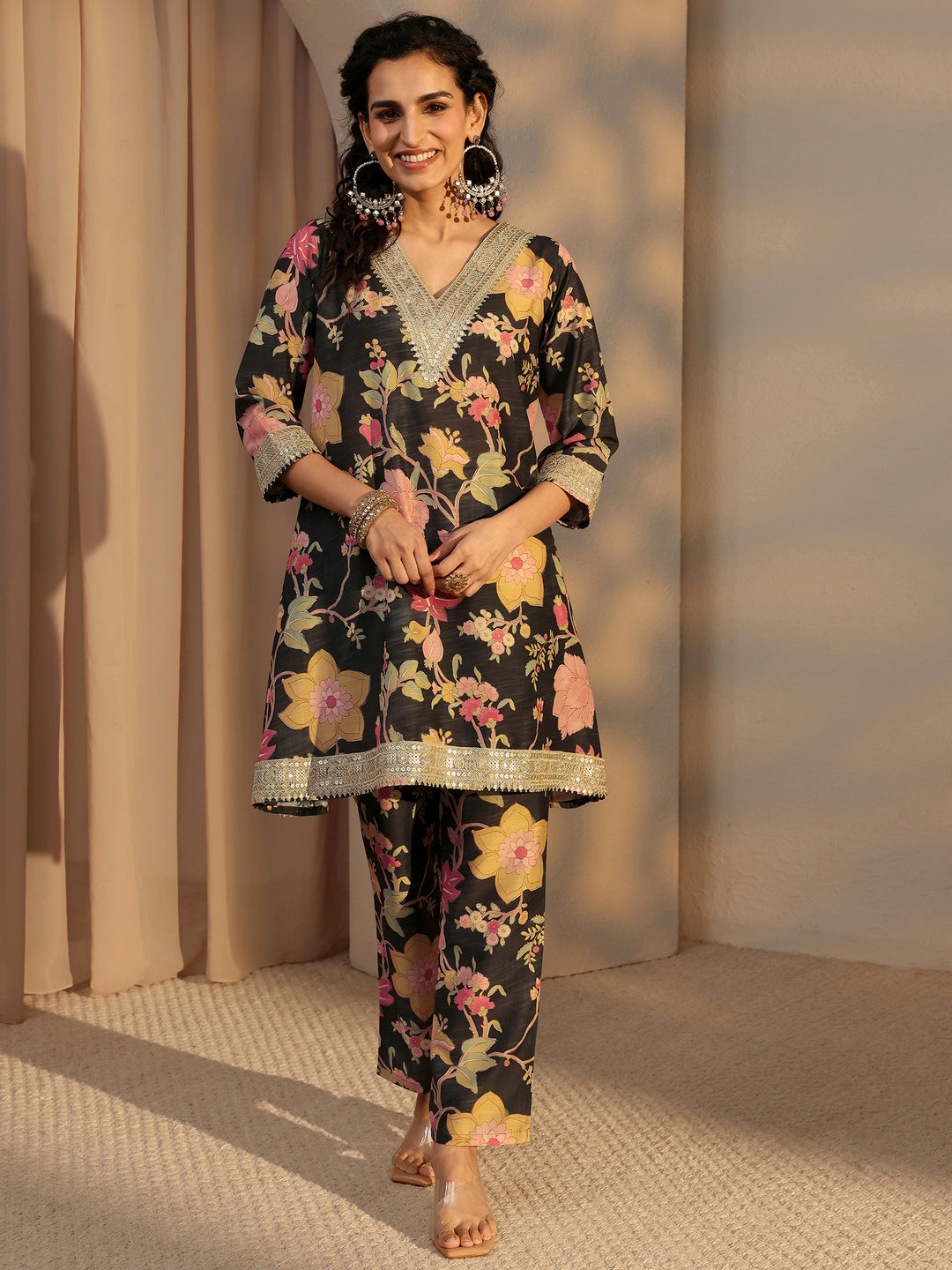  Black Floral Printed Silk Blend Co-Ord Set 