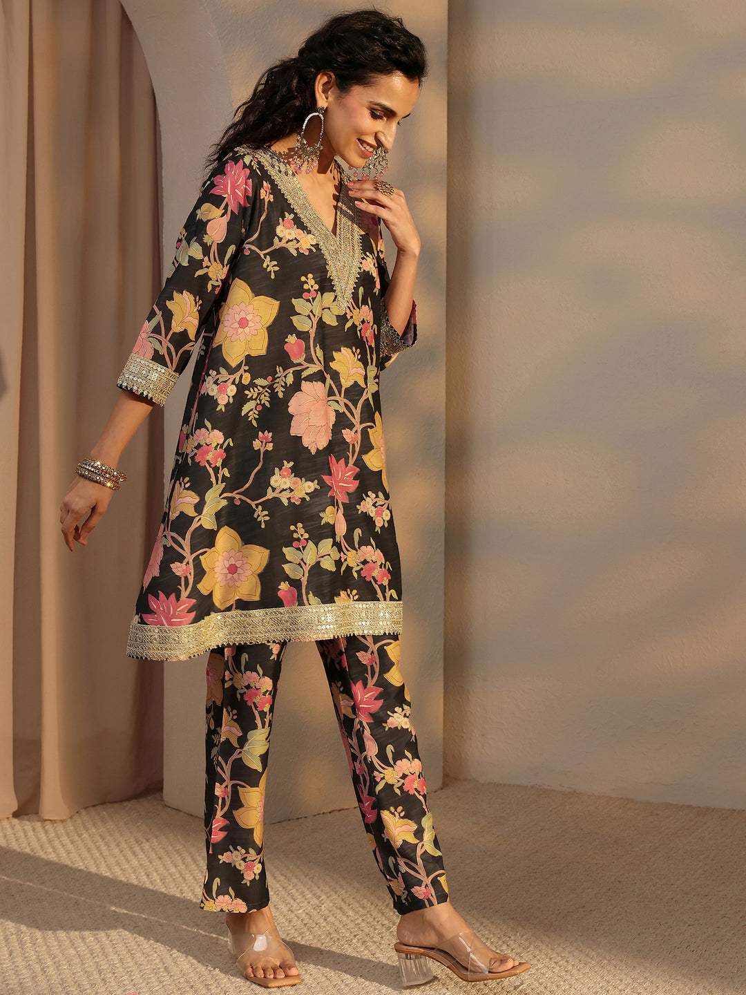  Black Floral Printed Silk Blend Co-Ord Set 