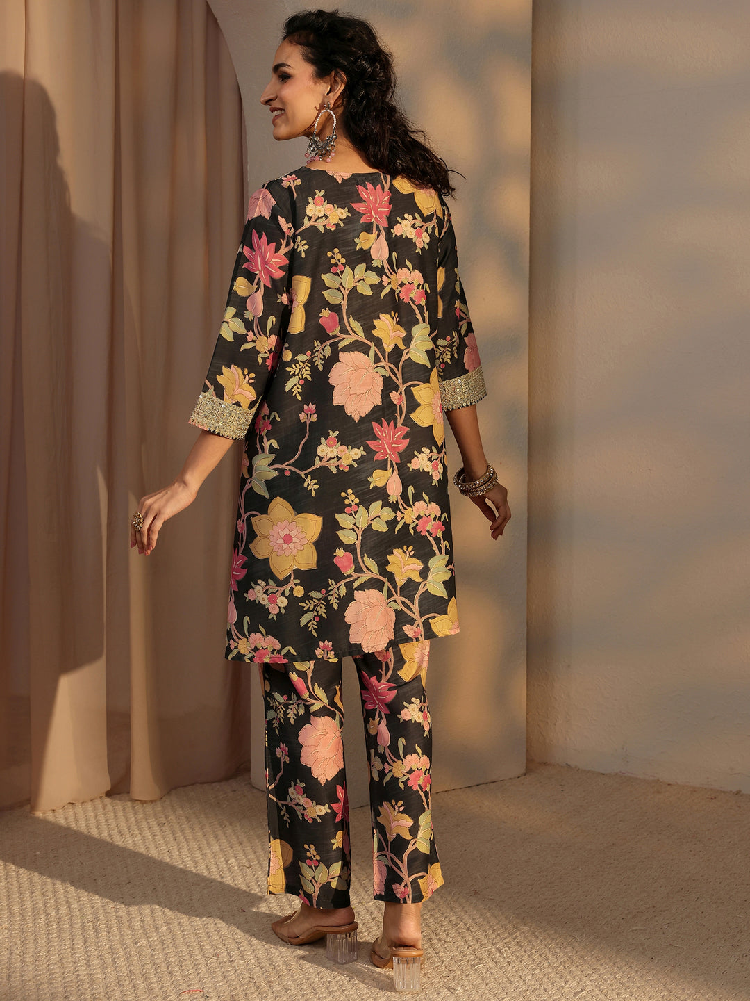  Black Floral Printed Silk Blend Co-Ord Set 