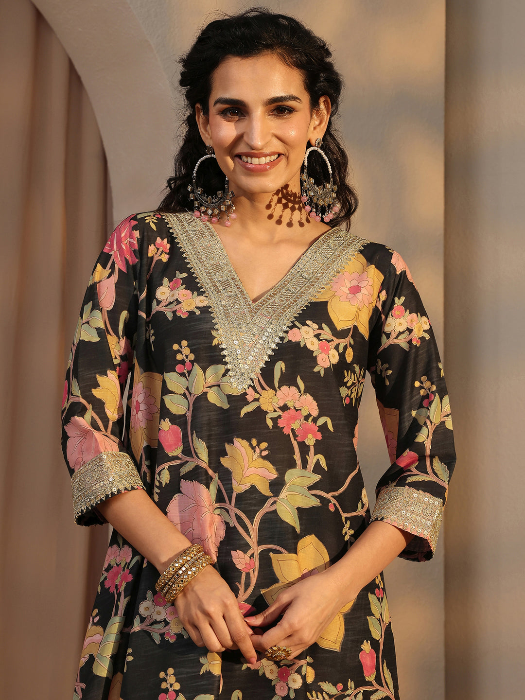  Black Floral Printed Silk Blend Co-Ord Set 