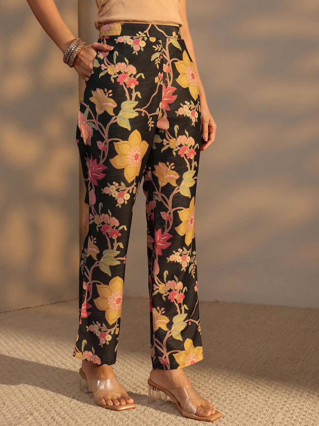  Black Floral Printed Silk Blend Co-Ord Set 