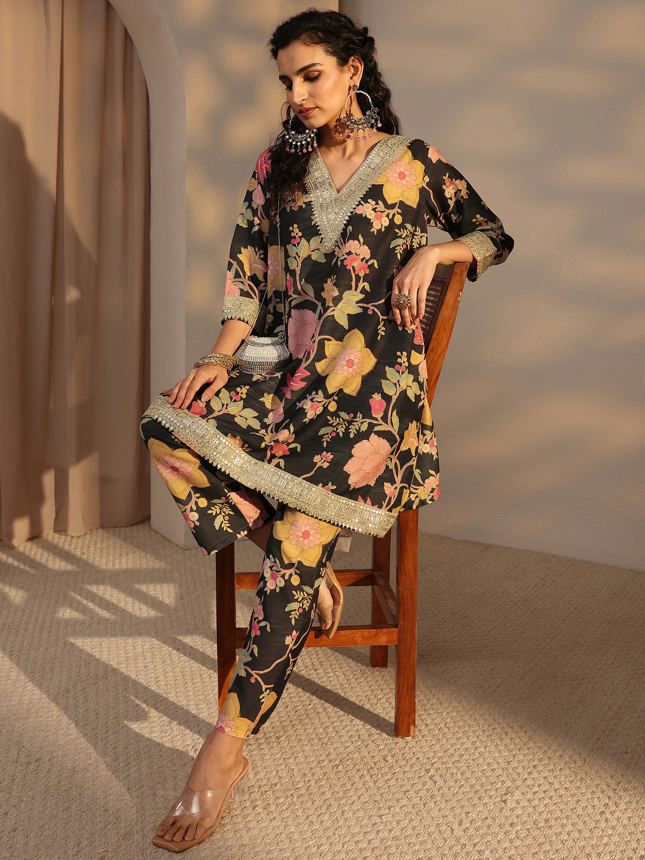 Black Floral Printed Silk Blend Co-Ord Set-image-34