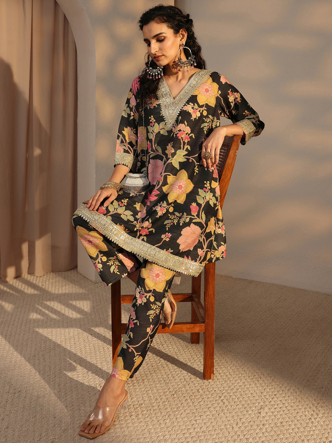 Black Floral Printed Silk Blend Co-Ord Set