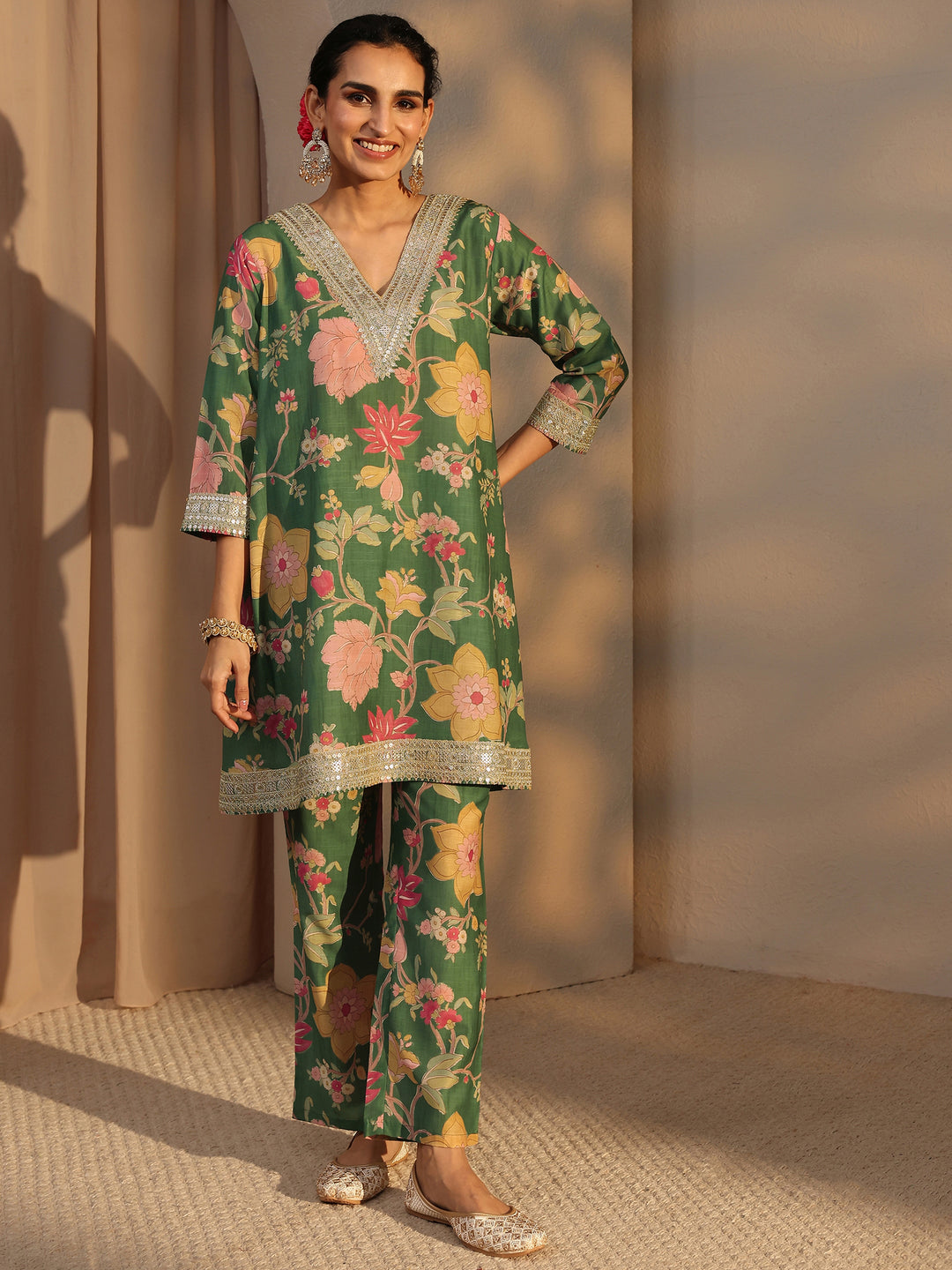  Green Floral Printed Silk Blend Co-Ord Set 
