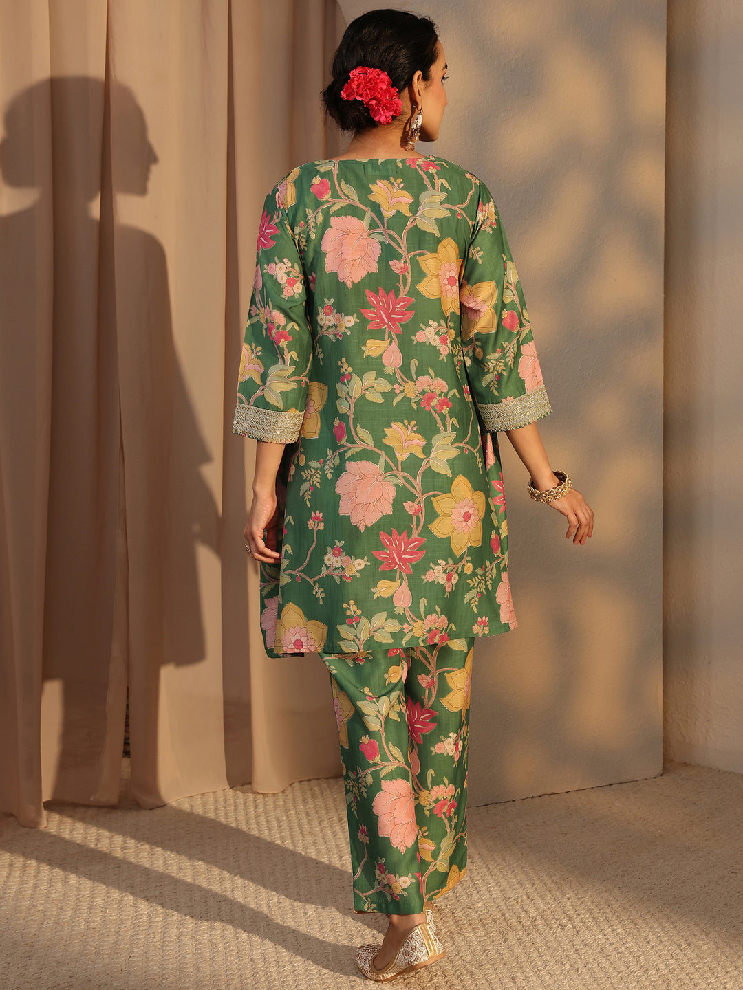  Green Floral Printed Silk Blend Co-Ord Set 