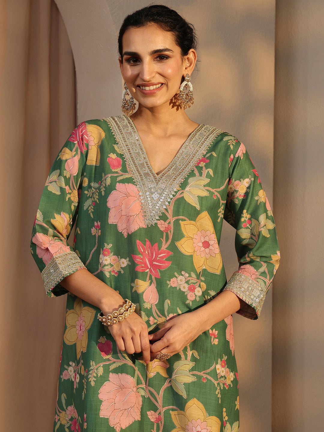  Green Floral Printed Silk Blend Co-Ord Set 