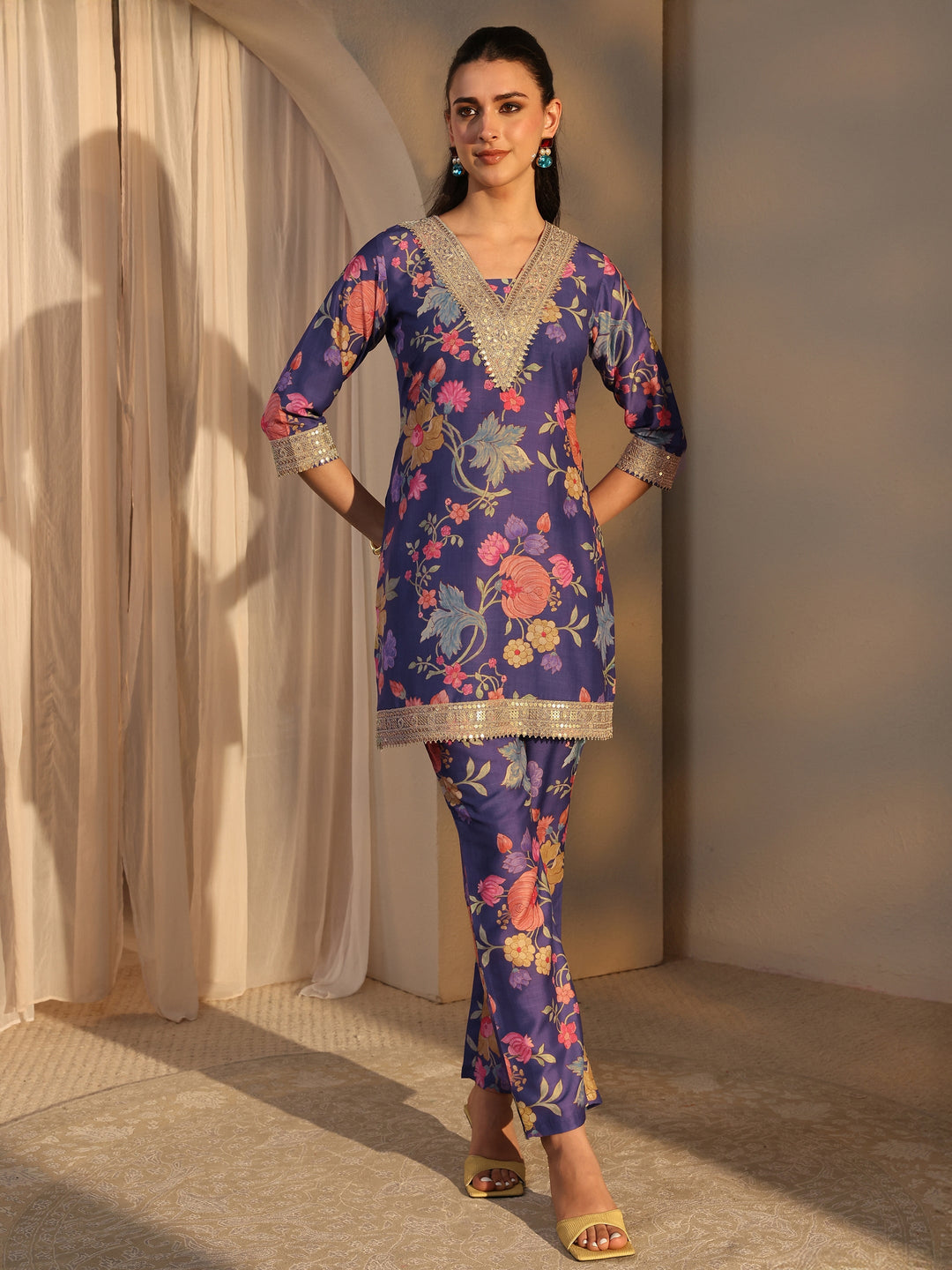  Blue Floral Printed Embellished Silk Blend Co-Ord Set 