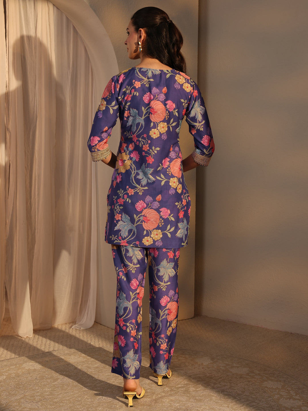  Blue Floral Printed Embellished Silk Blend Co-Ord Set 