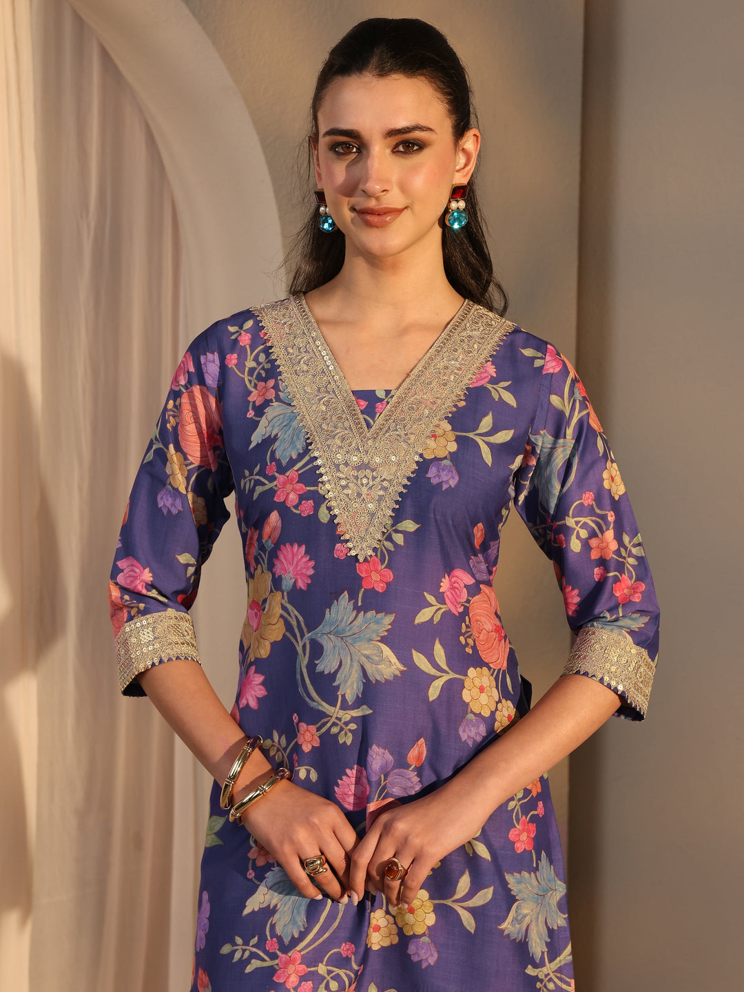  Blue Floral Printed Embellished Silk Blend Co-Ord Set 