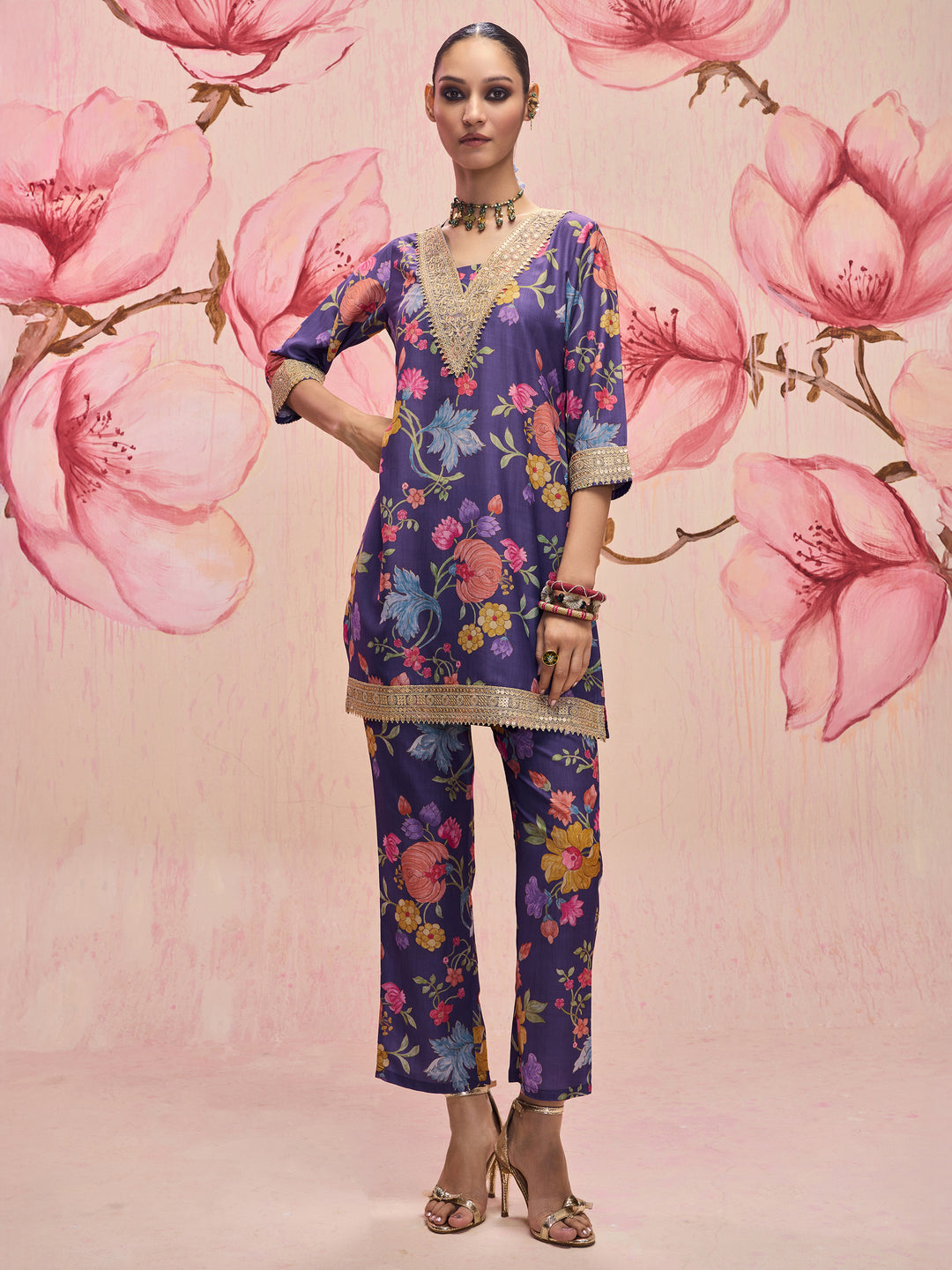 Libas Blue Floral Printed Embellished Silk Blend Co-Ord Set