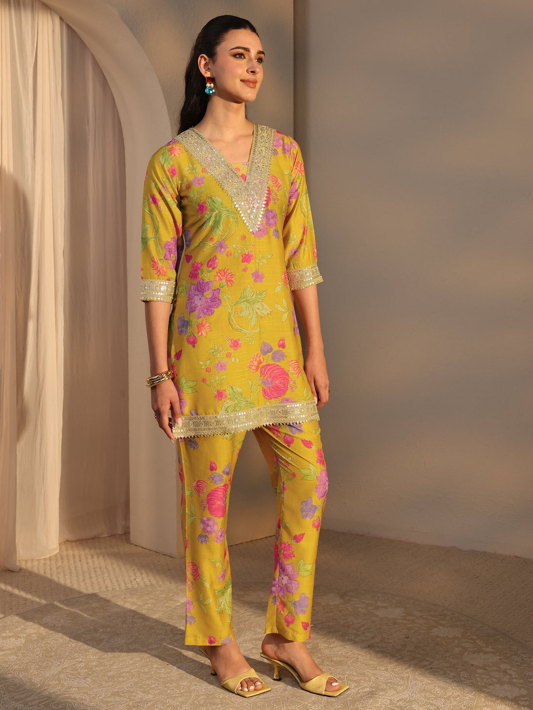  Mustard Floral Printed Embellished Silk Blend Co-Ord Set 