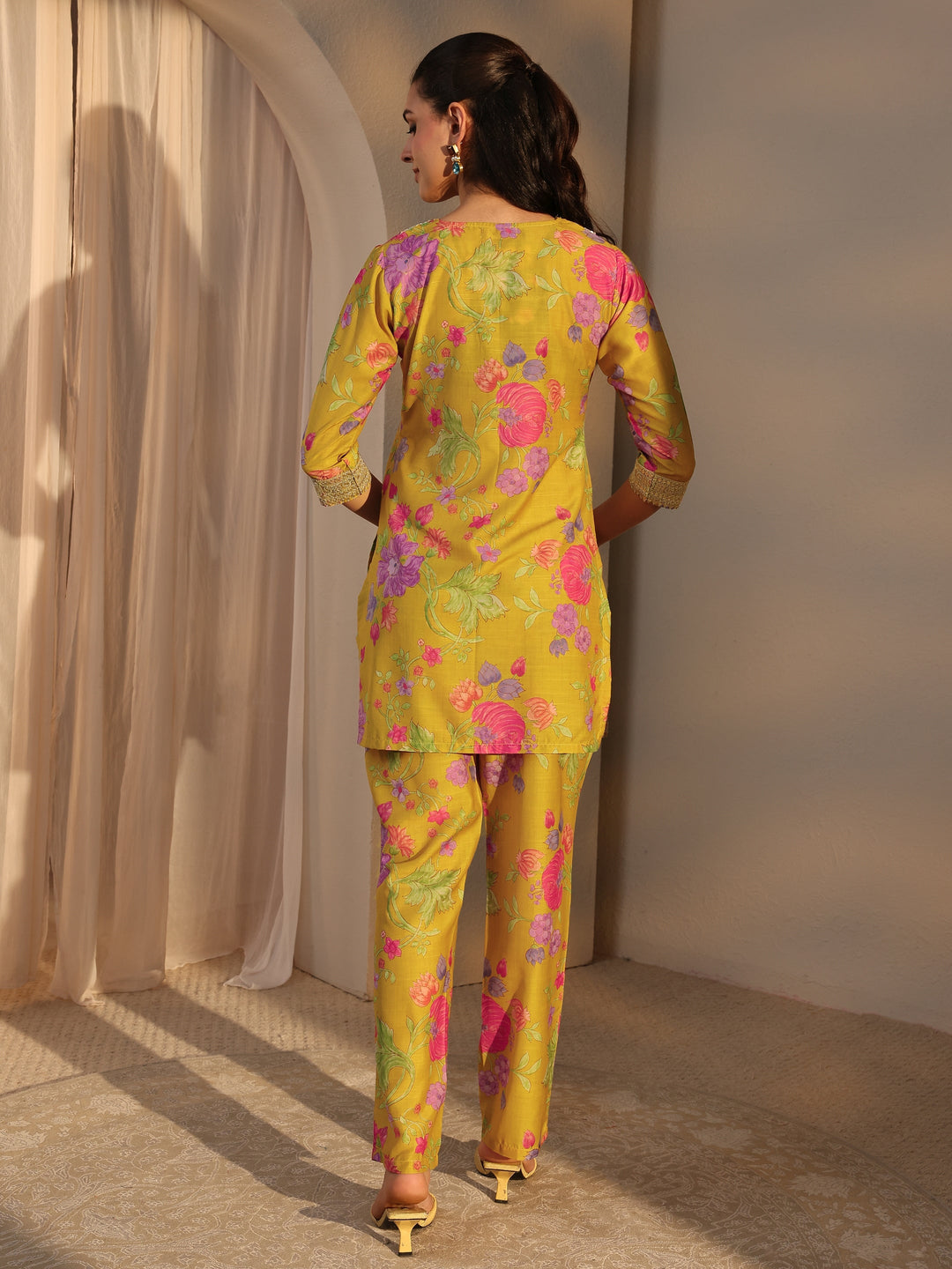  Mustard Floral Printed Embellished Silk Blend Co-Ord Set 