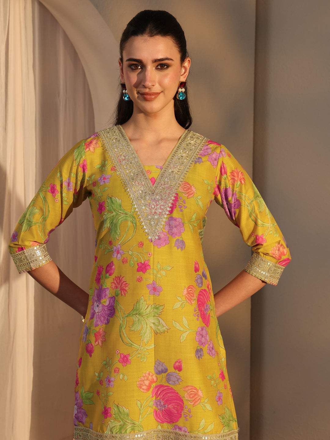  Mustard Floral Printed Embellished Silk Blend Co-Ord Set 