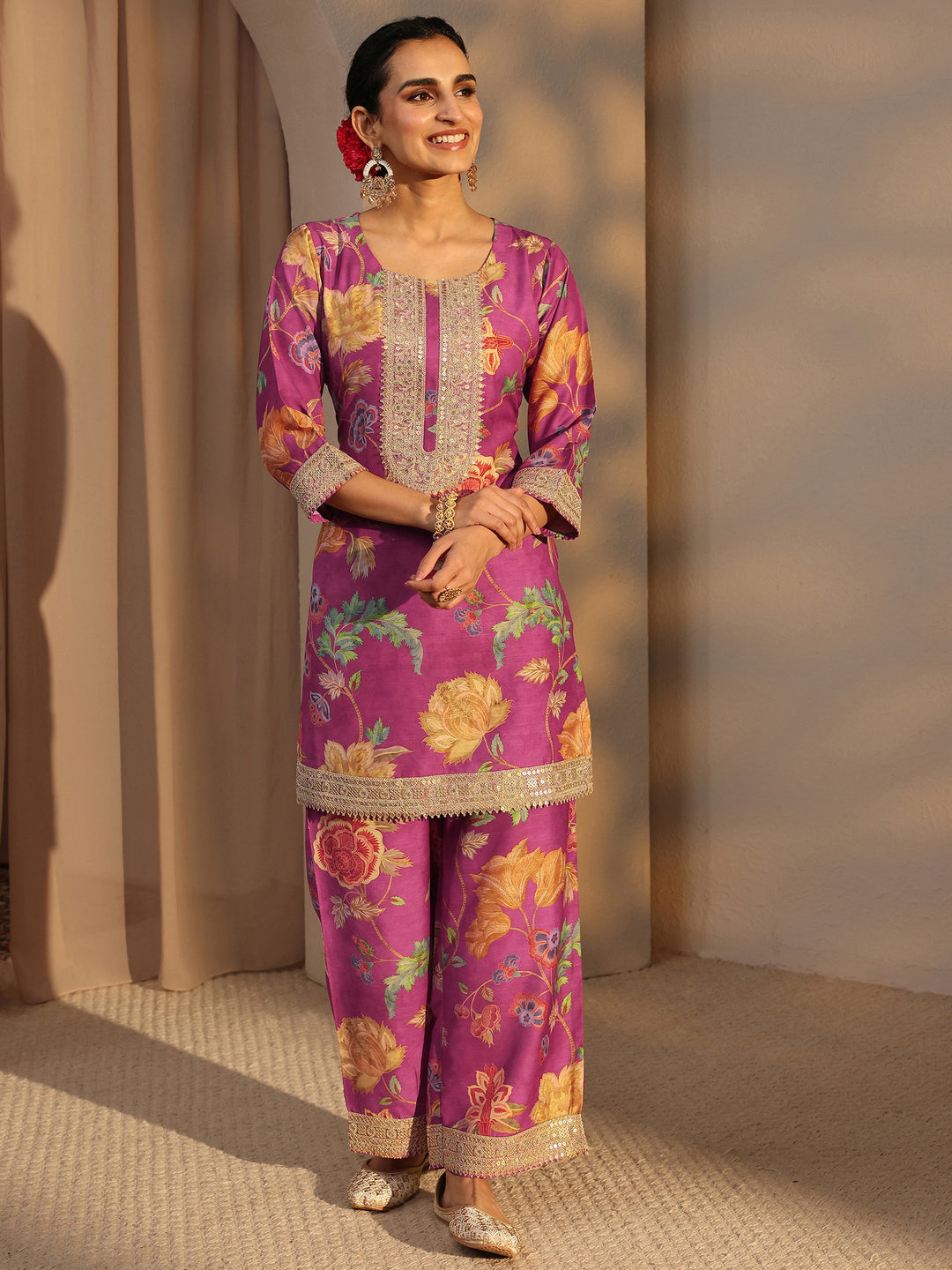  Pink Floral Printed Silk Blend Co-Ord Set 