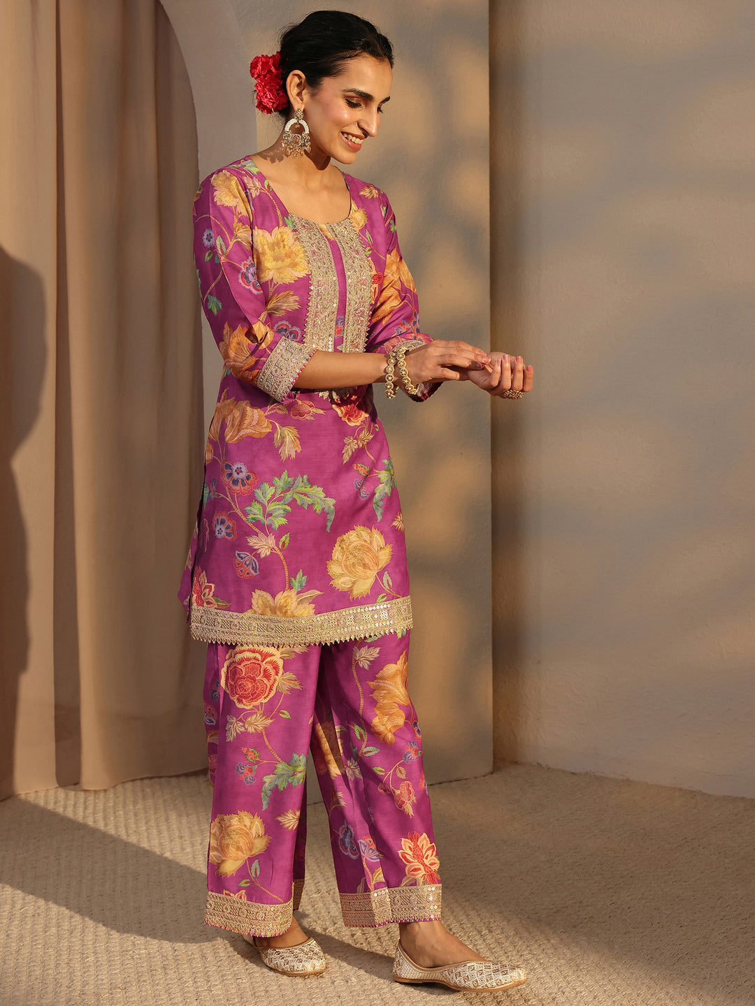  Pink Floral Printed Silk Blend Co-Ord Set 