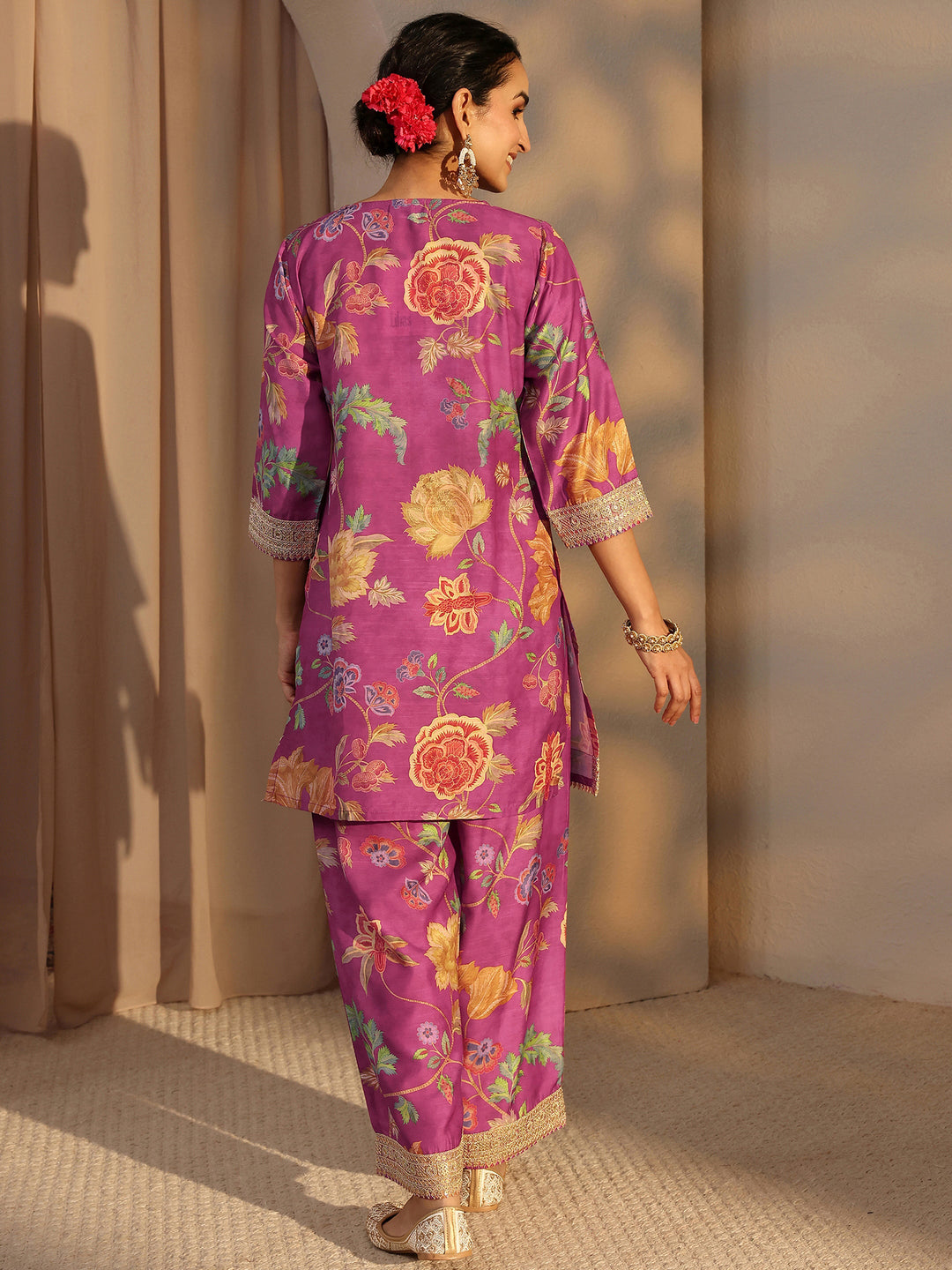  Pink Floral Printed Silk Blend Co-Ord Set 
