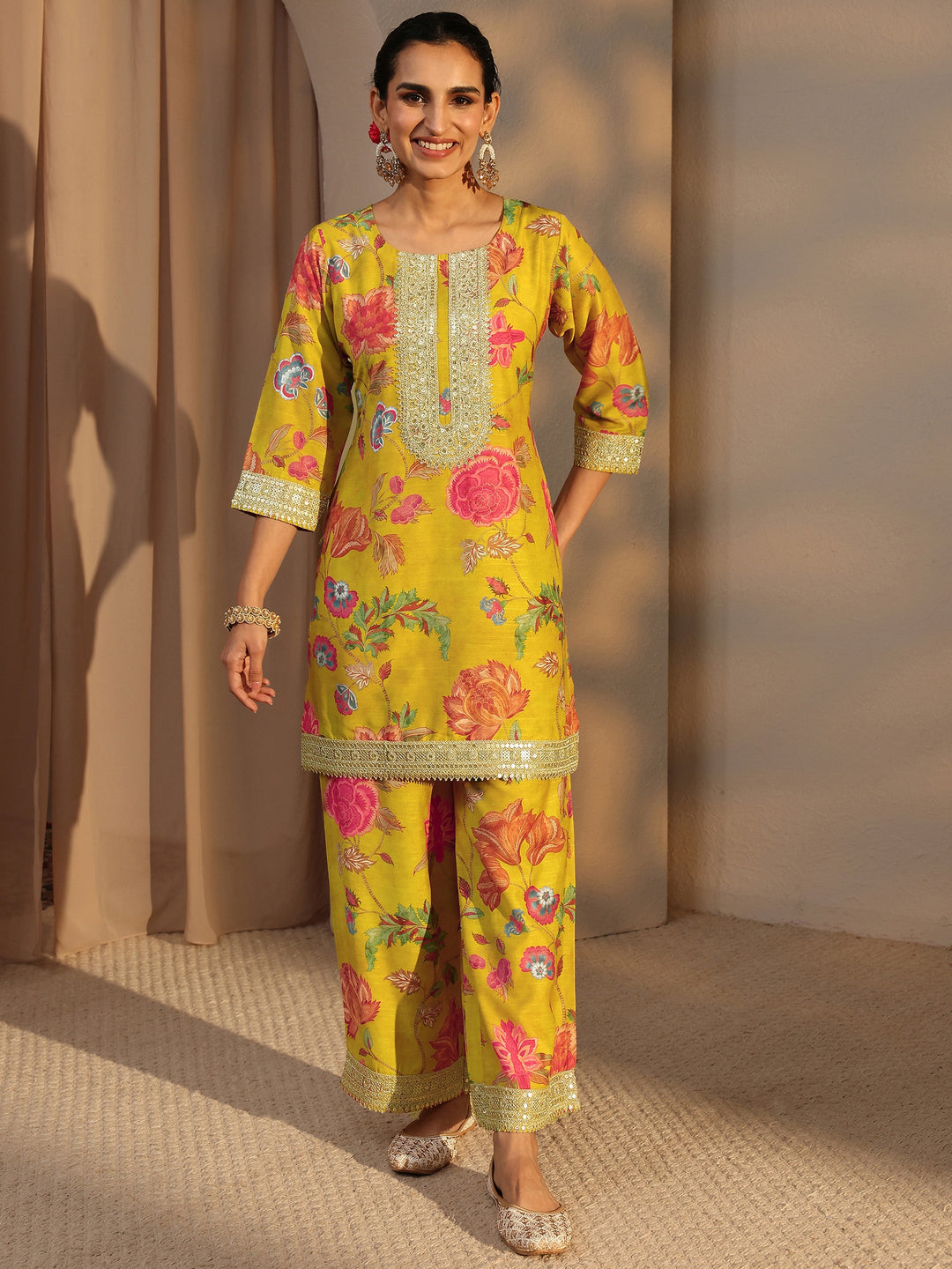  Mustard Floral Printed Silk Blend Co-Ord Set 