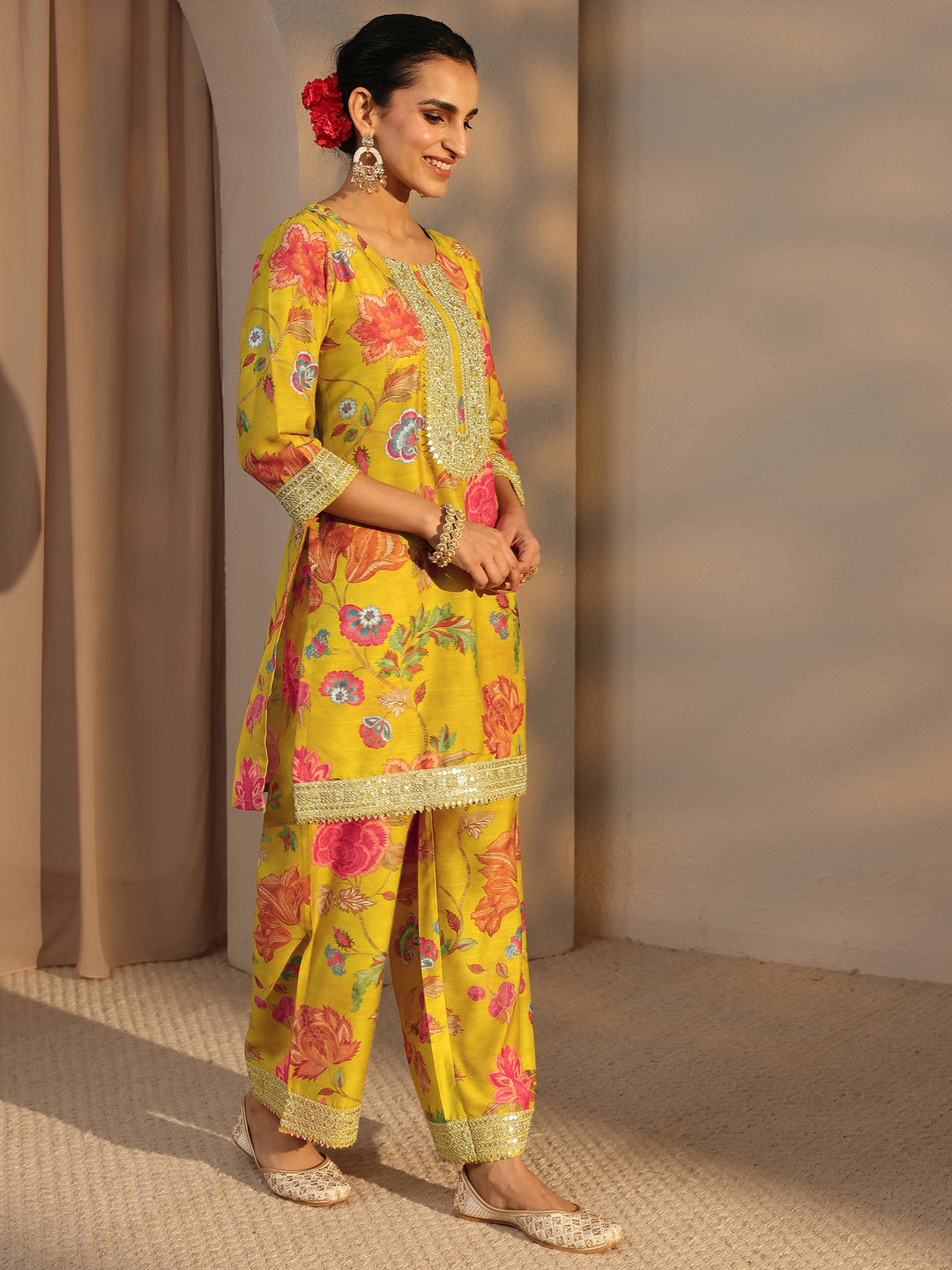  Mustard Floral Printed Silk Blend Co-Ord Set 