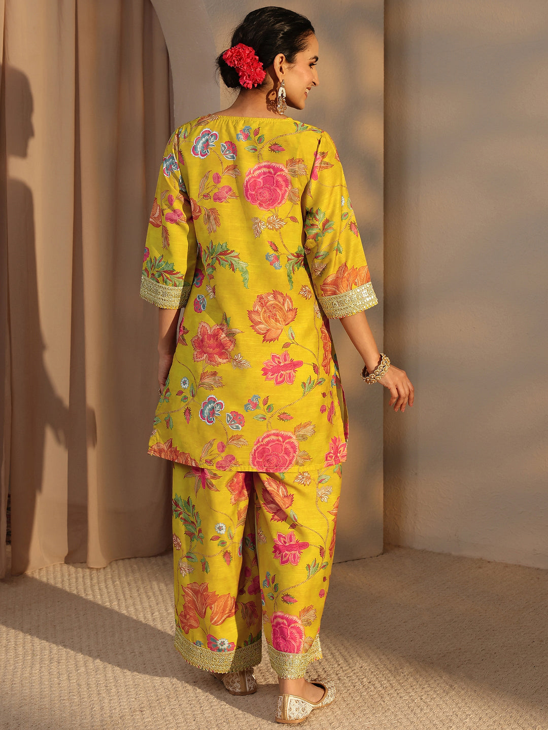  Mustard Floral Printed Silk Blend Co-Ord Set 