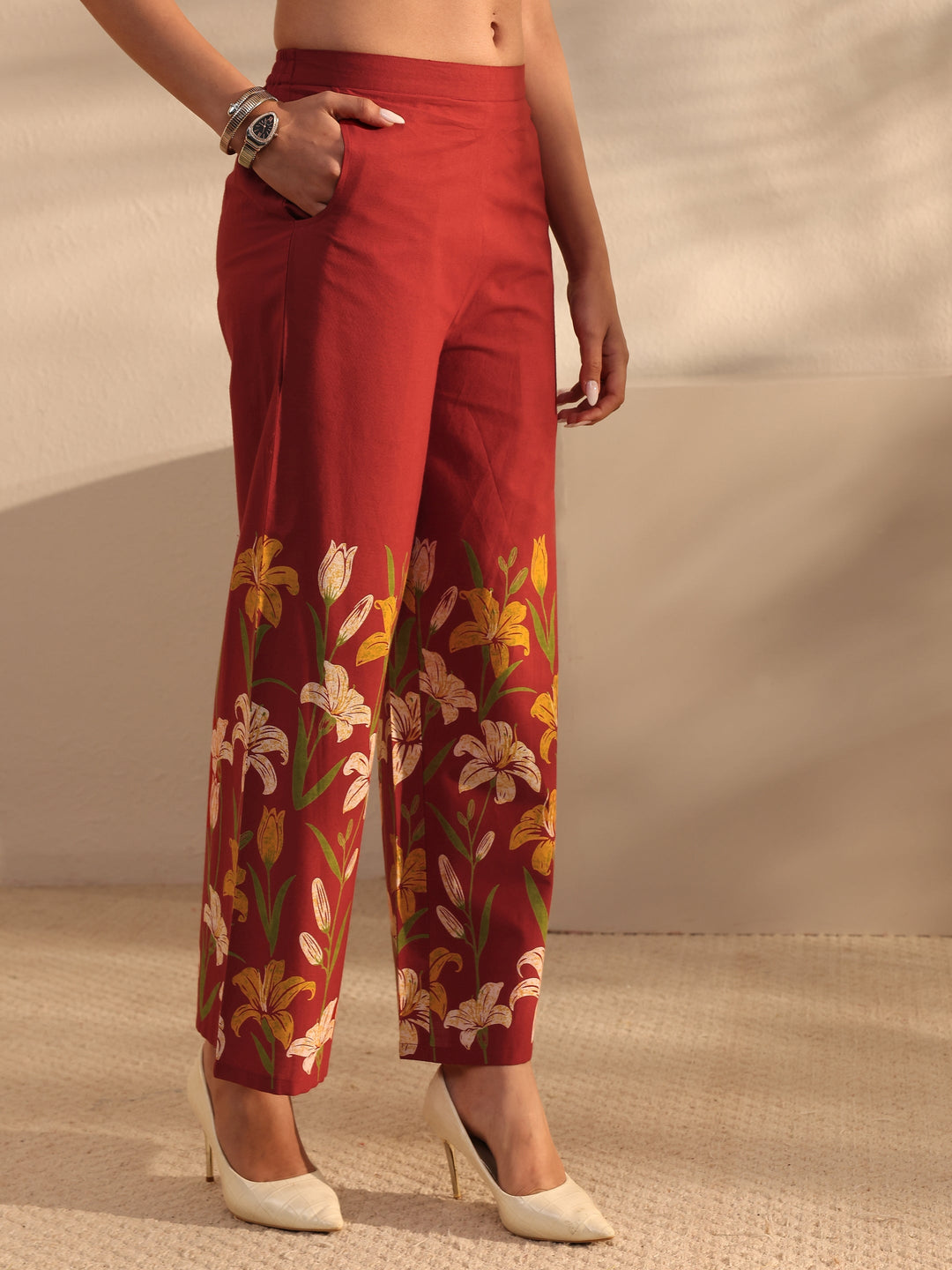  Rust Floral Printed Front Slit Cotton Co-Ord Set 
