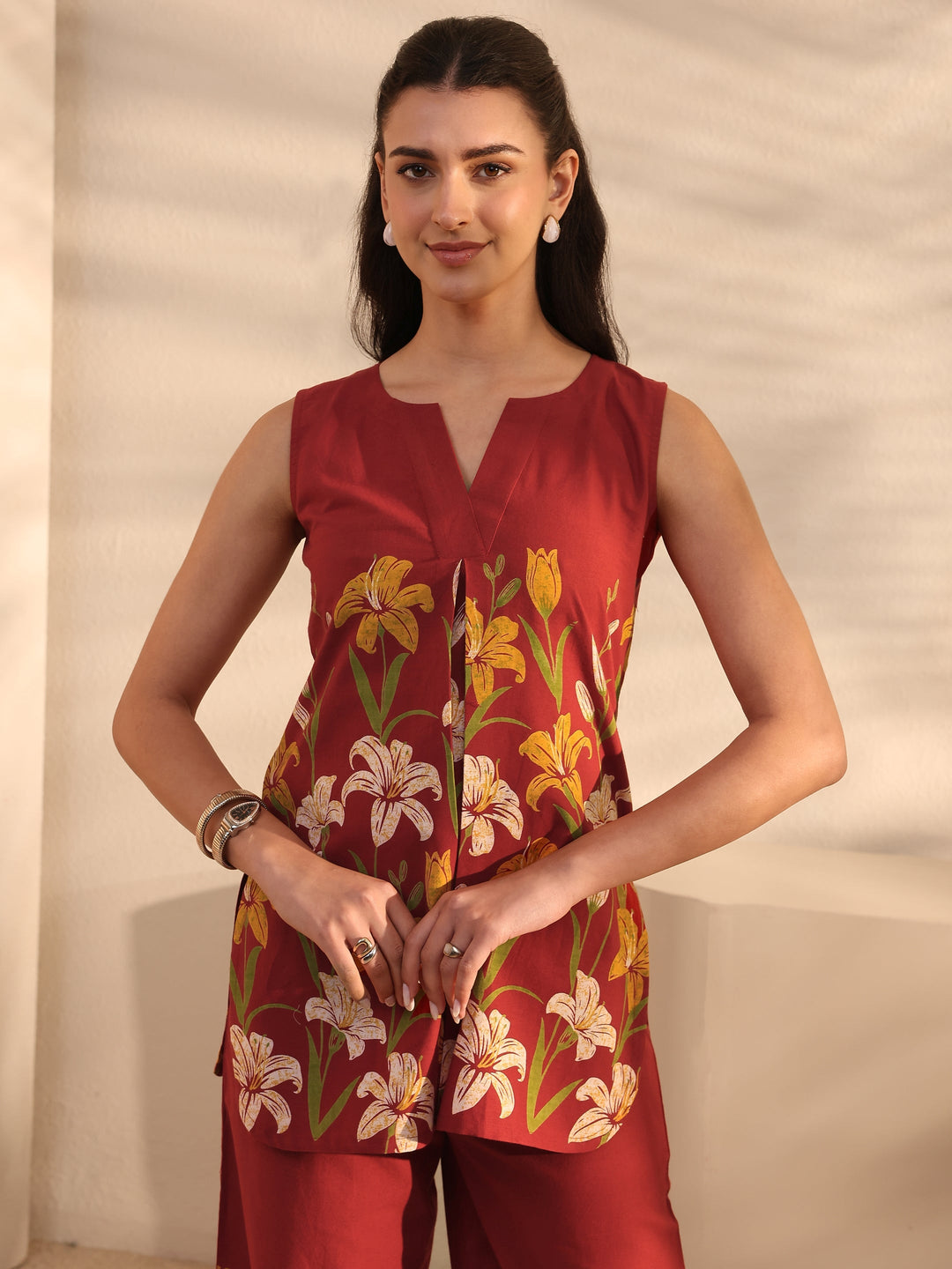  Rust Floral Printed Front Slit Cotton Co-Ord Set 