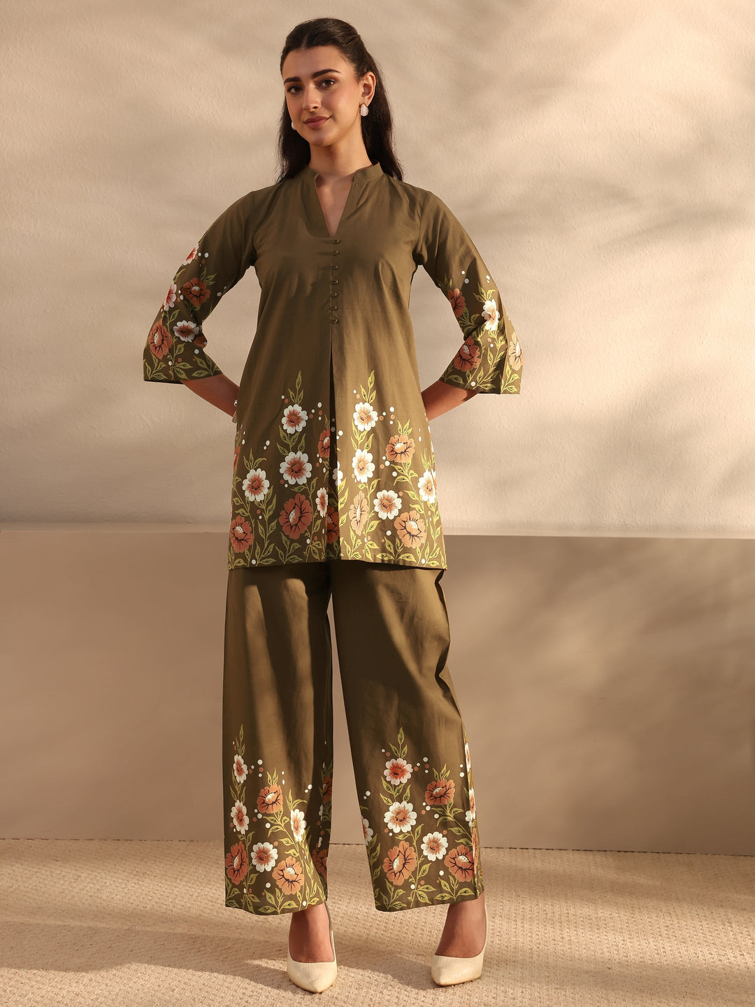  Brown Floral Printed Front Slit Cotton Co-Ord Set 