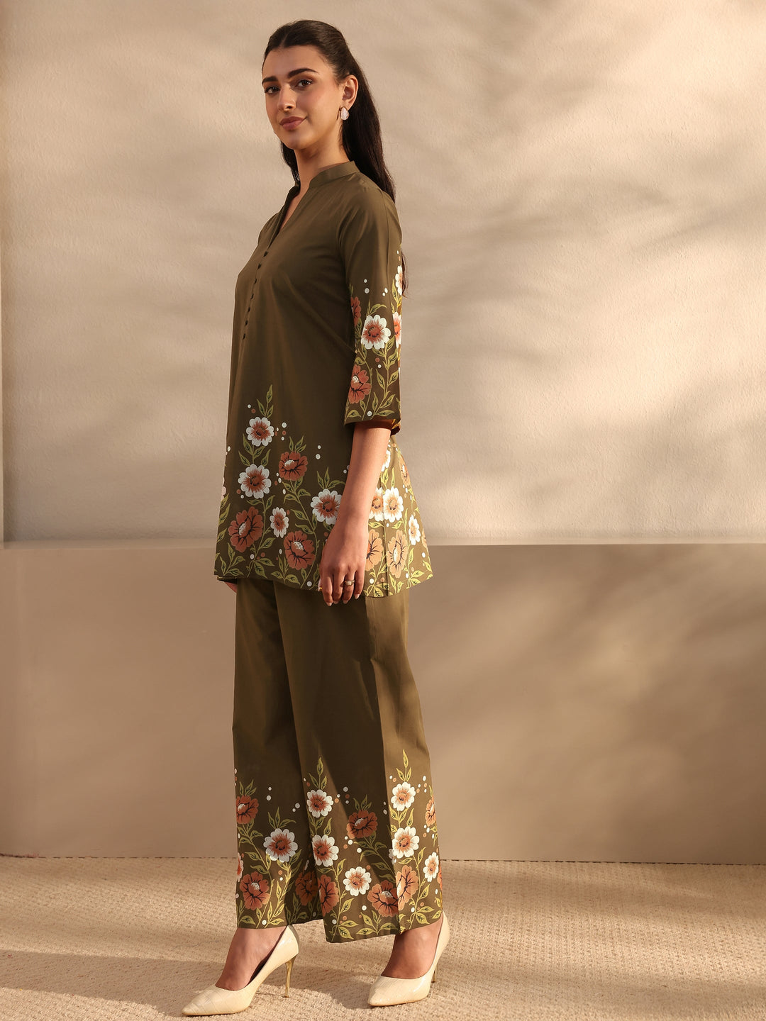  Brown Floral Printed Front Slit Cotton Co-Ord Set 