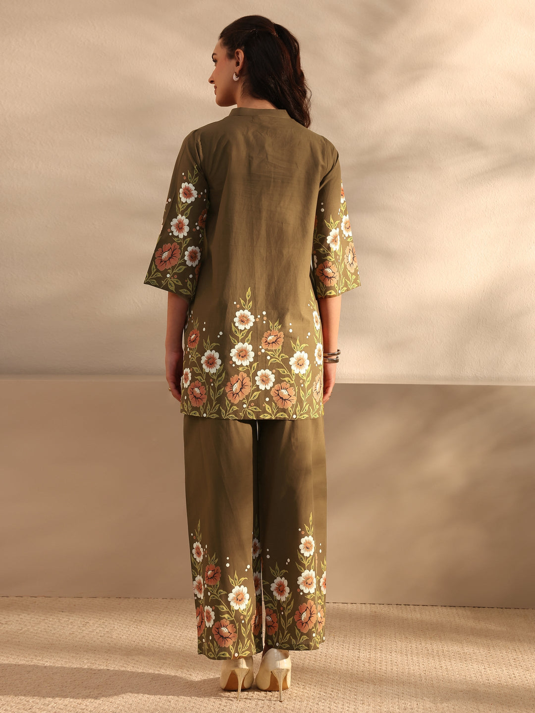  Brown Floral Printed Front Slit Cotton Co-Ord Set 