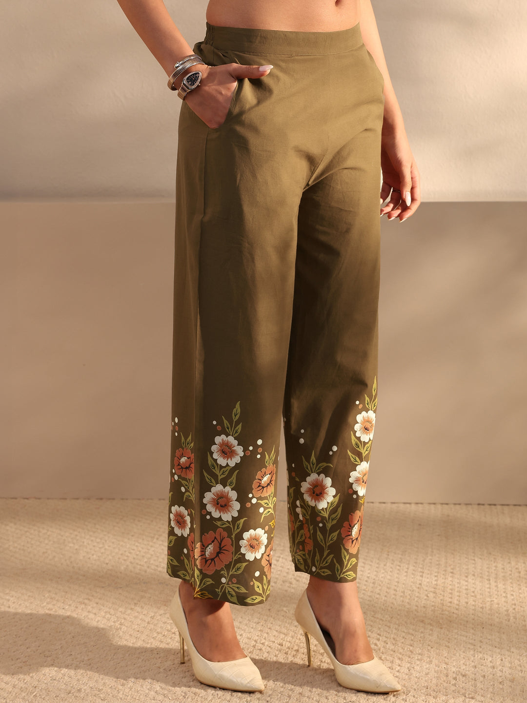  Brown Floral Printed Front Slit Cotton Co-Ord Set 