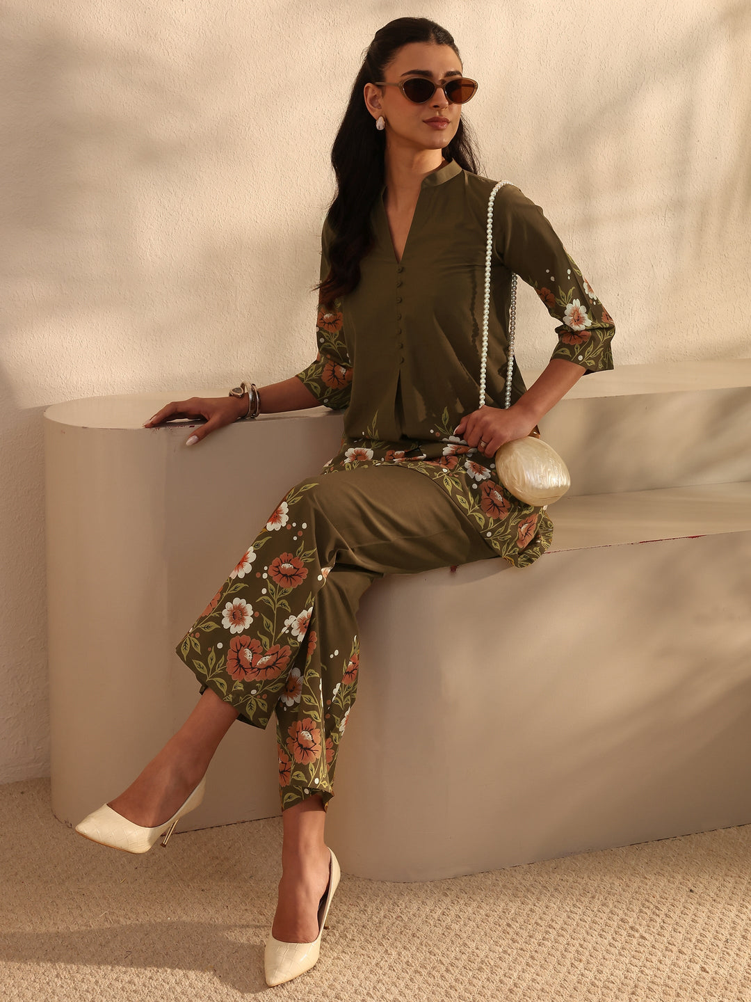  Brown Floral Printed Front Slit Cotton Co-Ord Set 