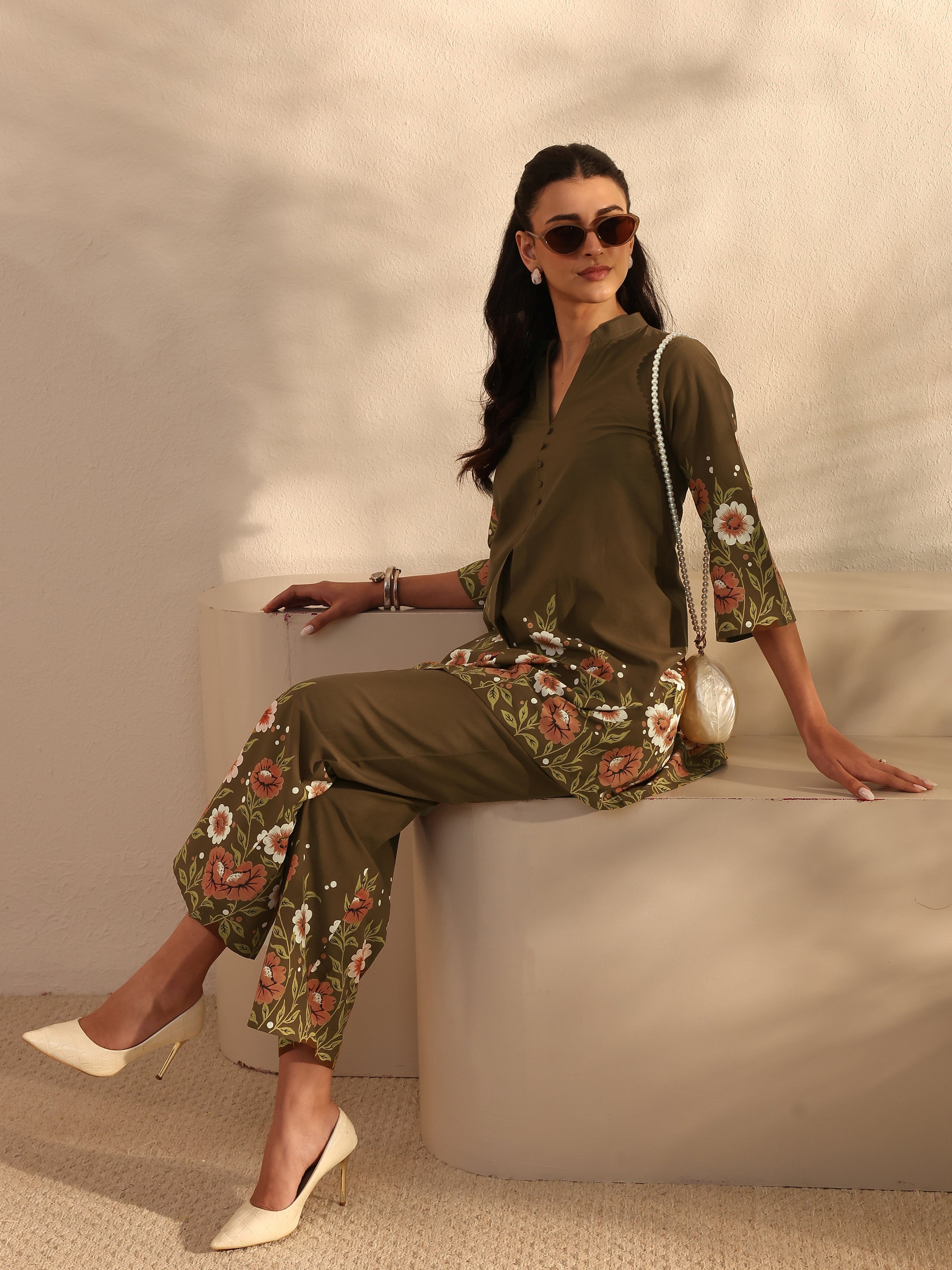 Brown Floral Printed Front Slit Cotton Co-Ord Set-image-15