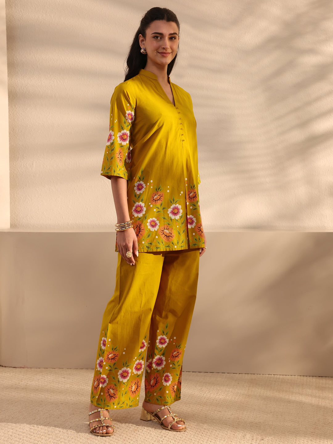  Mustard Floral Printed Front Slit Cotton Co-Ord Set 