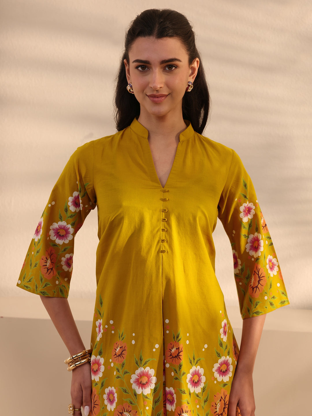  Mustard Floral Printed Front Slit Cotton Co-Ord Set 