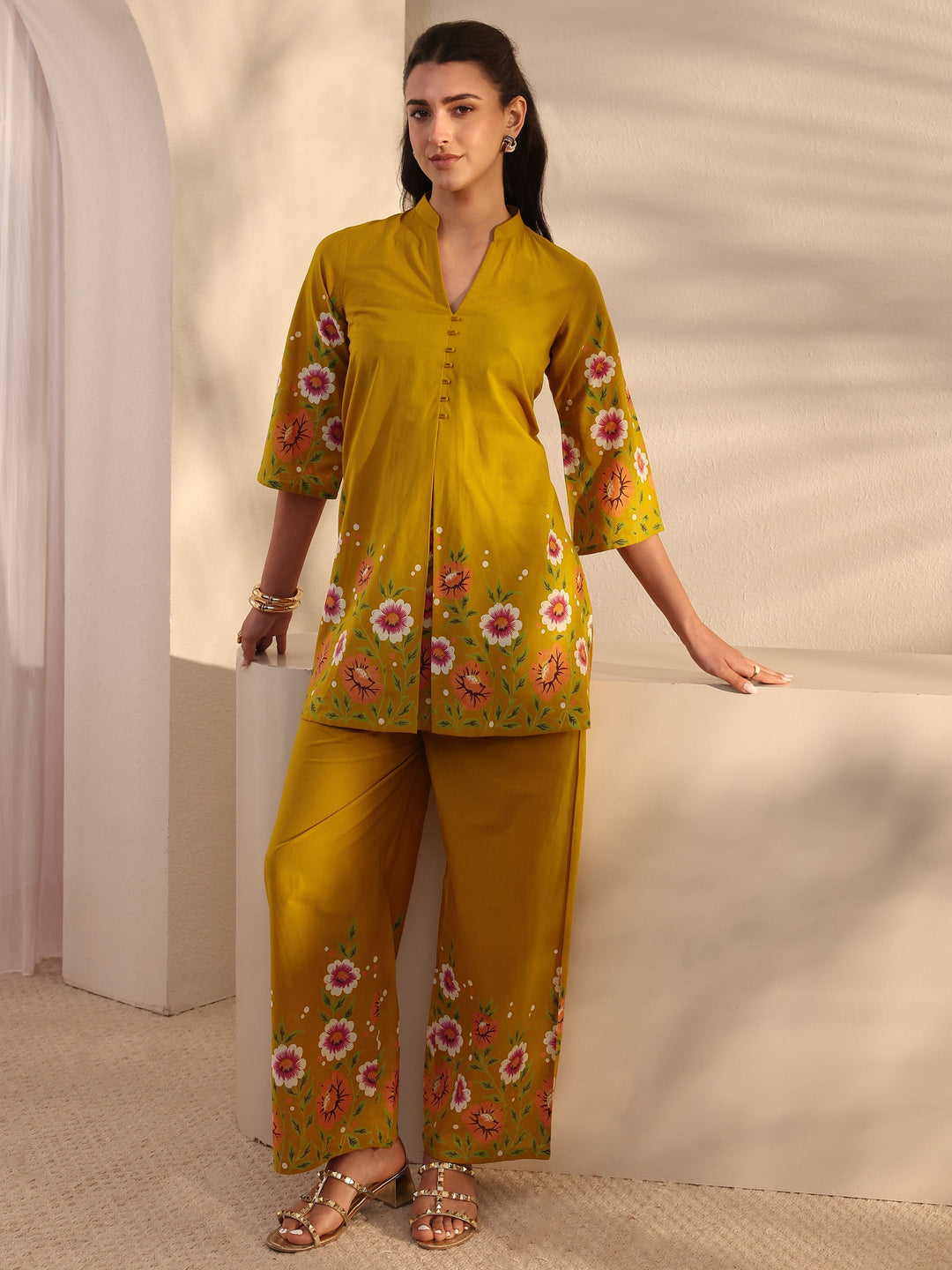  Mustard Floral Printed Front Slit Cotton Co-Ord Set 