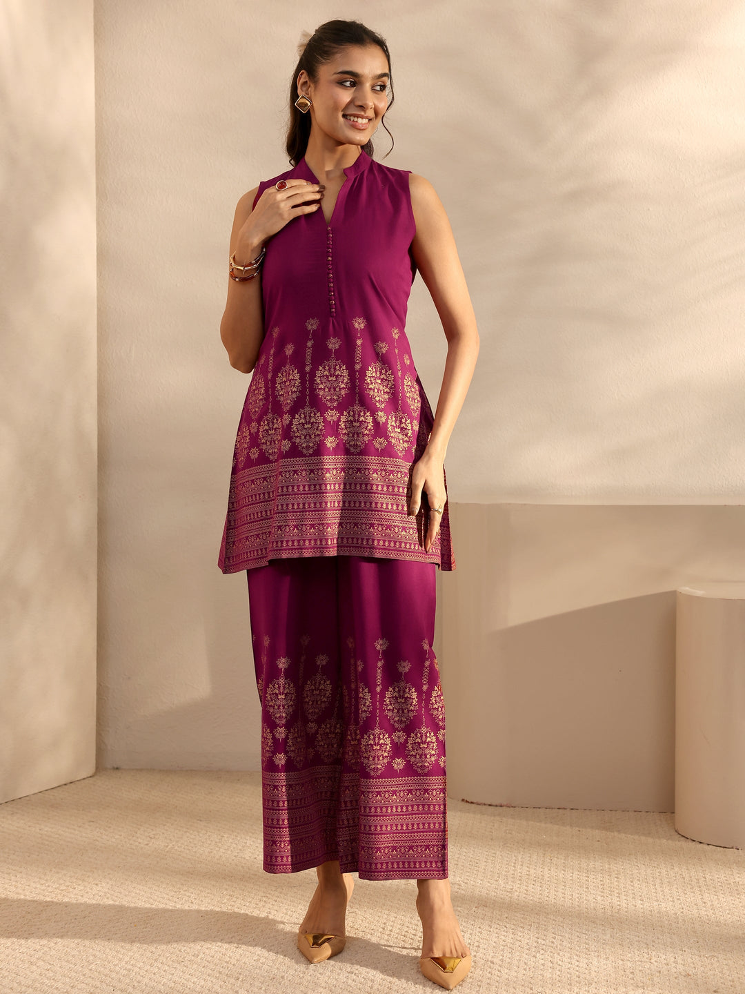  Burgundy Ethnic Motifs Printed Viscose Rayon Co-Ord Set 