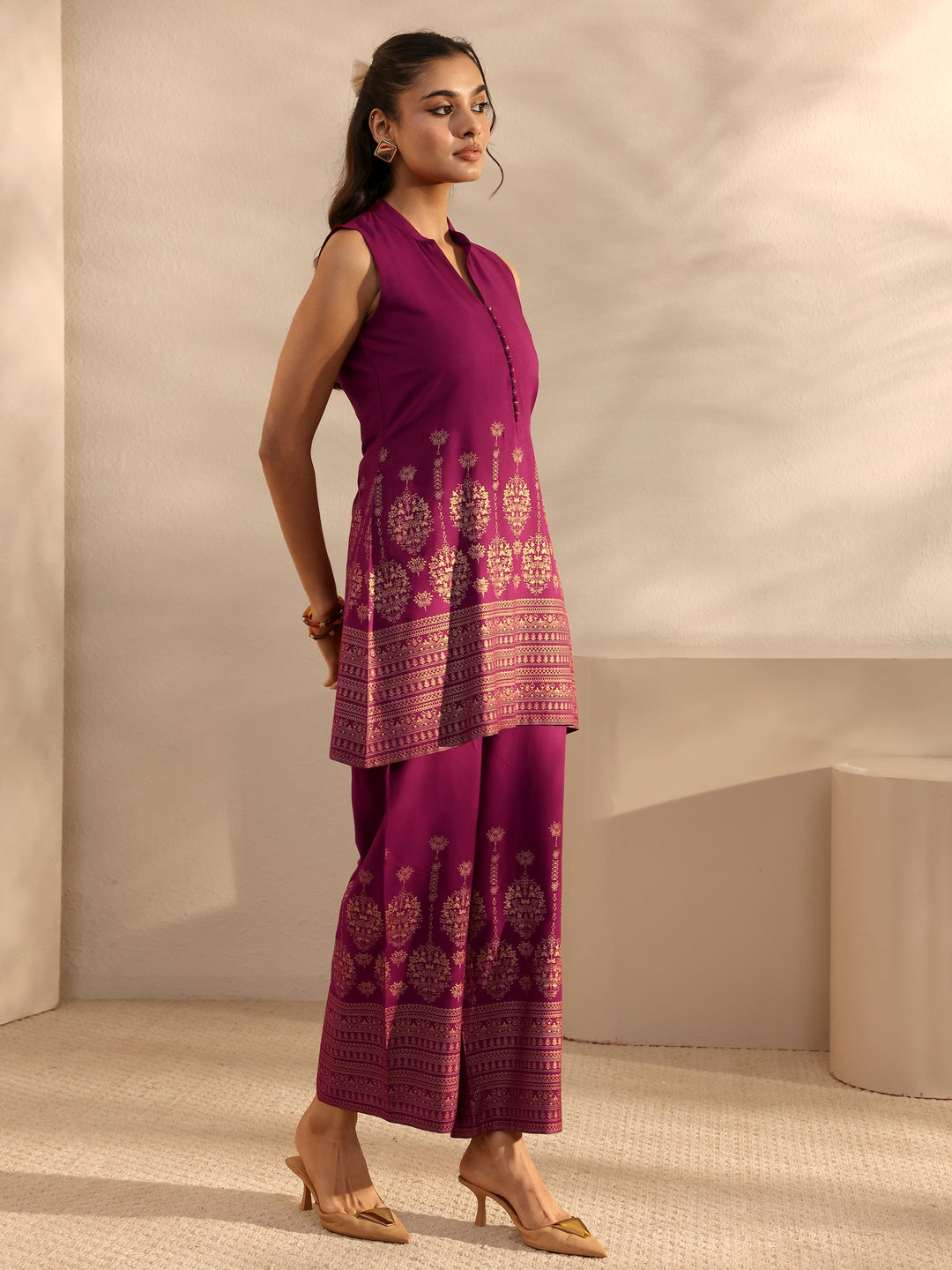  Burgundy Ethnic Motifs Printed Viscose Rayon Co-Ord Set 