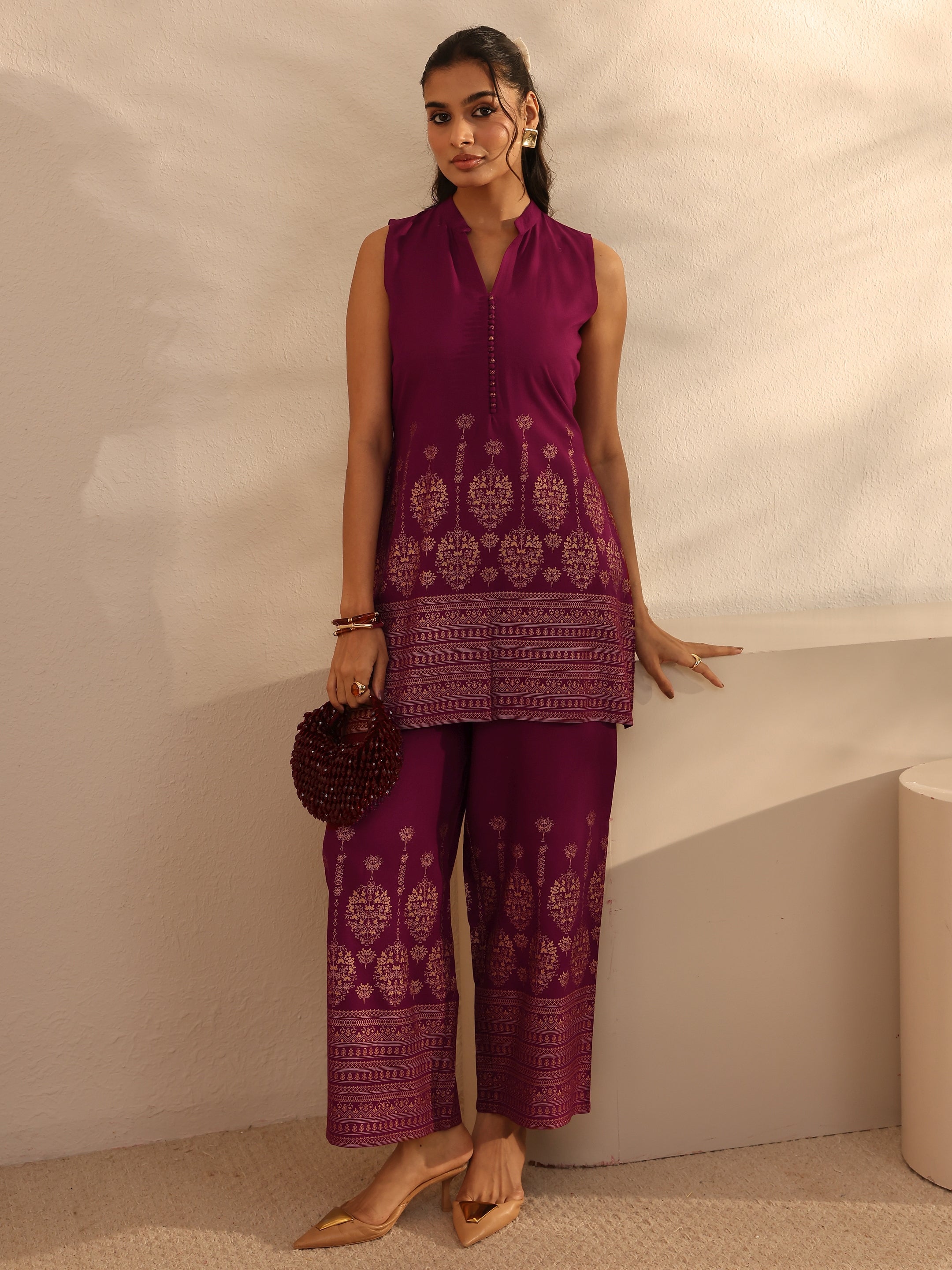 Burgundy Ethnic Motifs Printed Viscose Rayon Co-Ord Set-image-19
