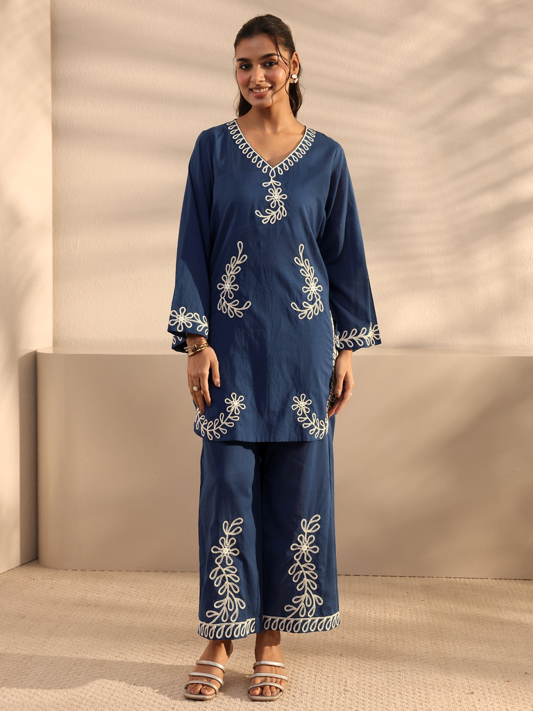  Blue Floral Embroidered Cotton Co-Ord Set 